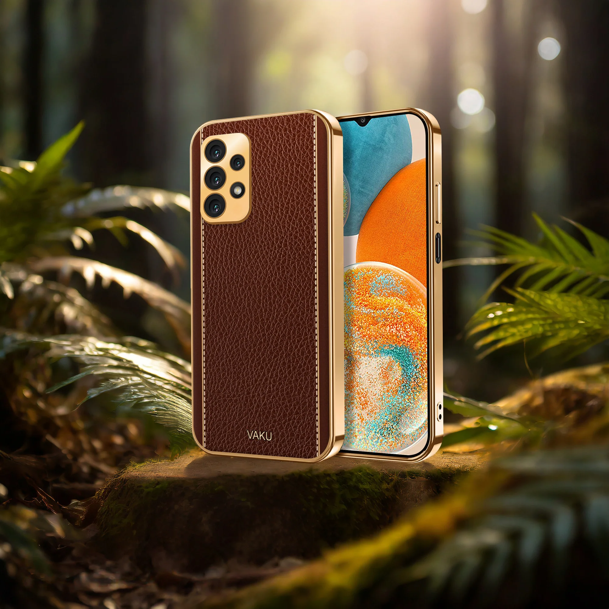 Vaku® Samsung Galaxy A23 Luxemberg Series Leather Stitched Gold Electroplated Soft TPU Back Cover - Image 16