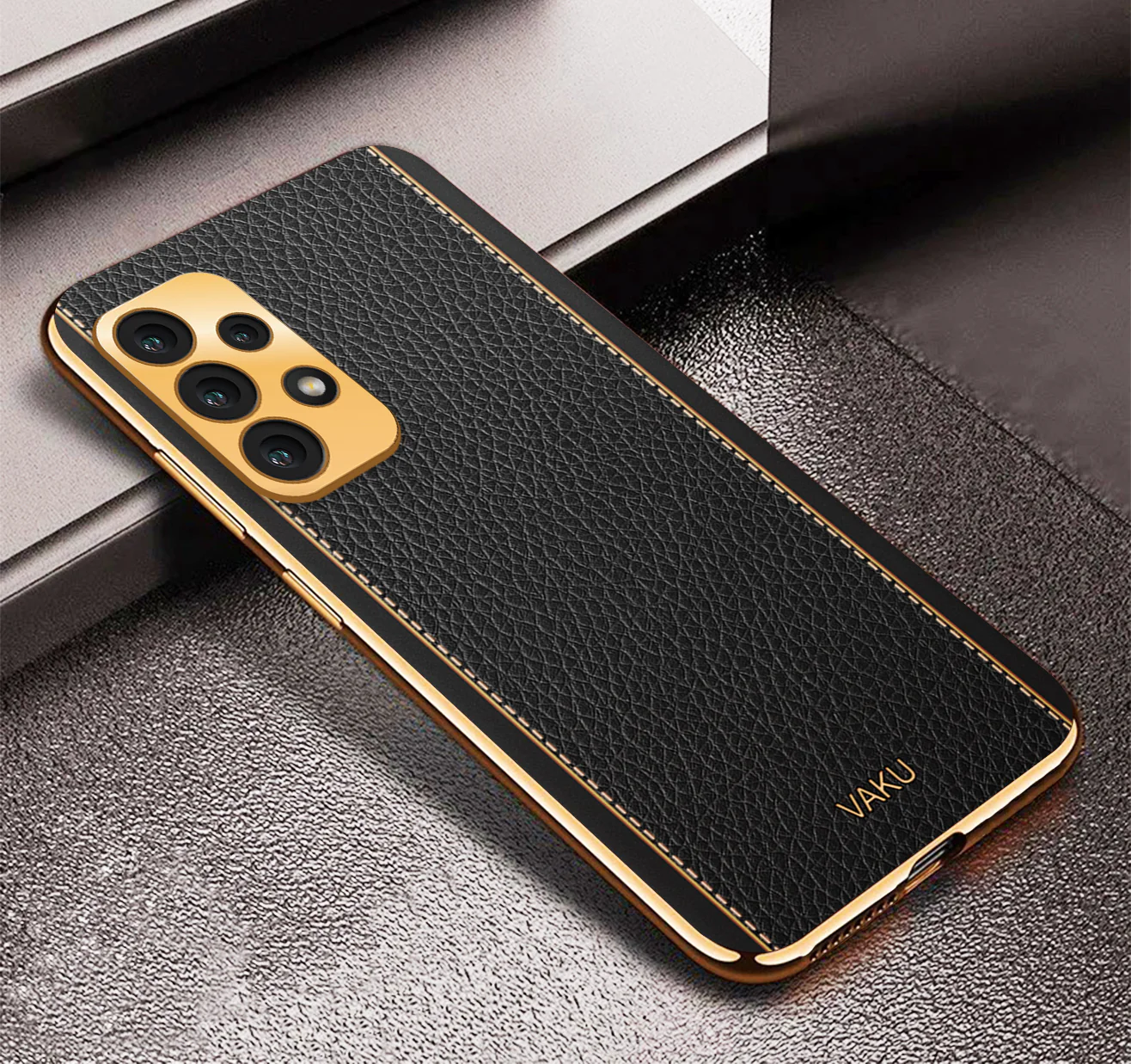 Vaku® Samsung Galaxy A23 Luxemberg Series Leather Stitched Gold Electroplated Soft TPU Back Cover - Image 8