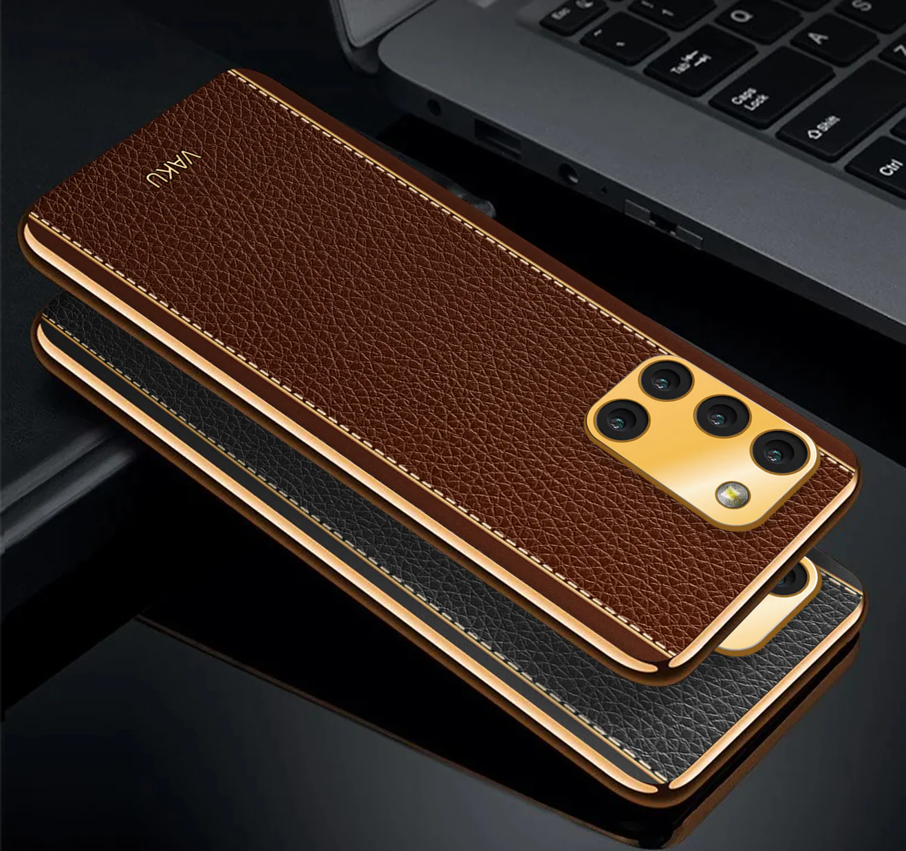 Vaku® Samsung Galaxy A31 Luxemberg Leather Stitched Gold Electroplated Soft TPU Back Cover - Image 7