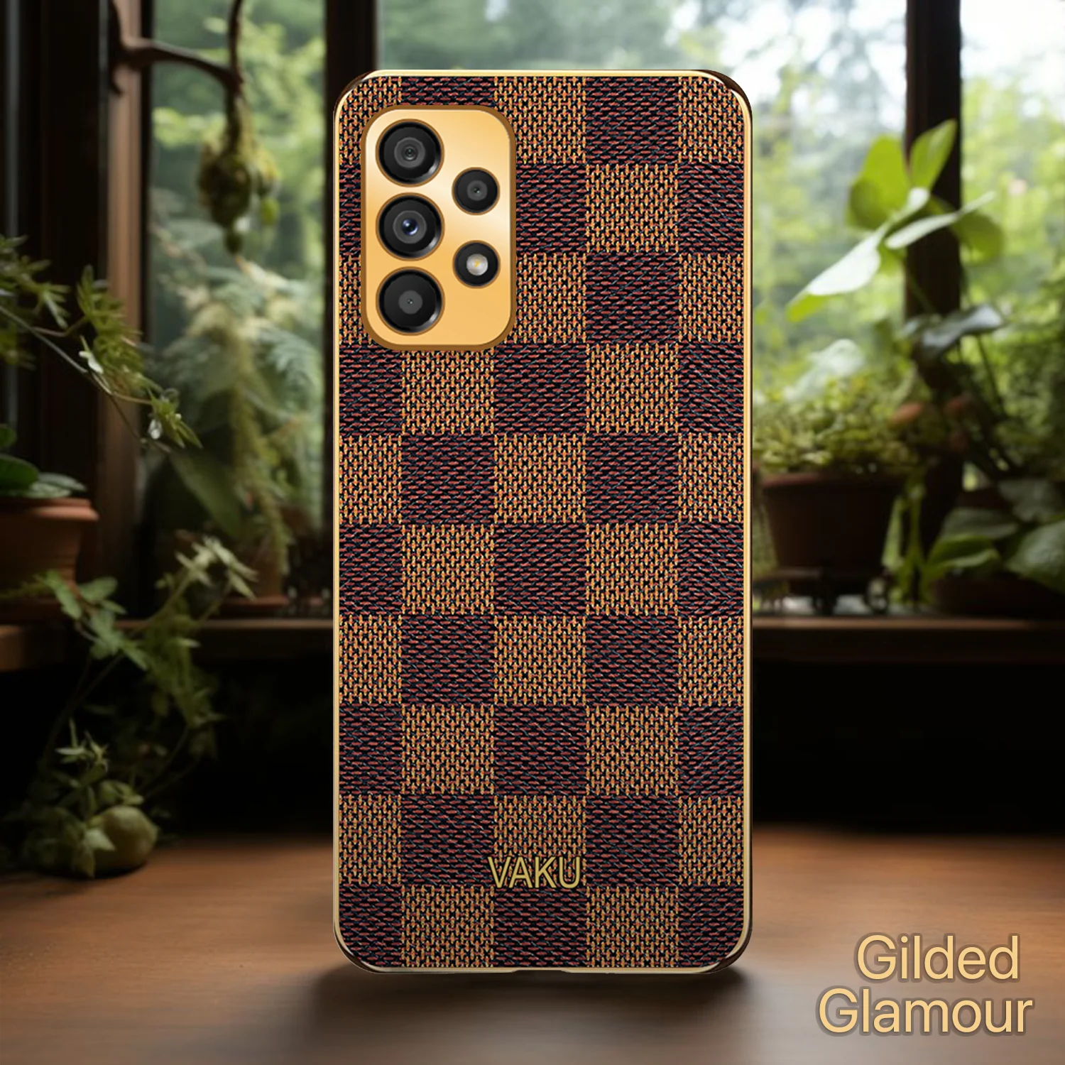 Vaku® Samsung Galaxy A33 5G Cheron Series Leather Stitched Gold Electroplated Soft TPU Back Cover - Image 5