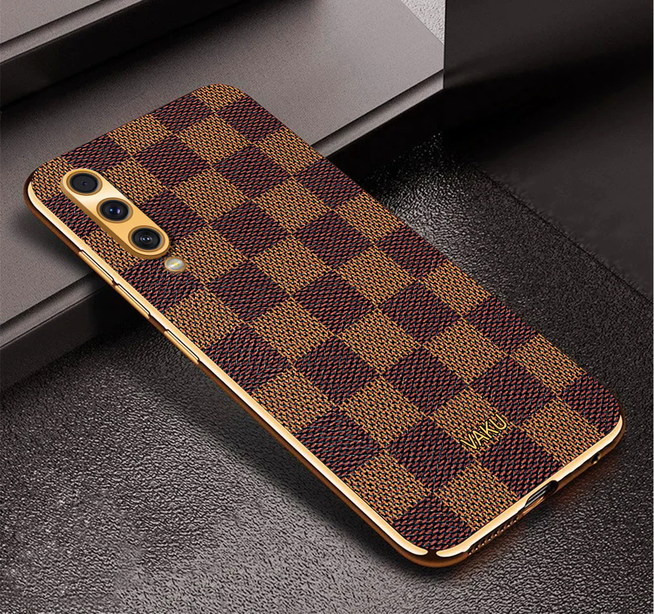 Vaku® Samsung Galaxy A50 Cheron Series Leather Stitched Gold Electroplated Soft TPU Back Cover - Image 3