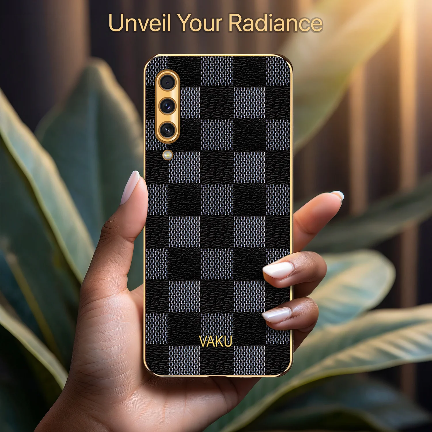 Vaku® Samsung Galaxy A50 Cheron Series Leather Stitched Gold Electroplated Soft TPU Back Cover - Image 4