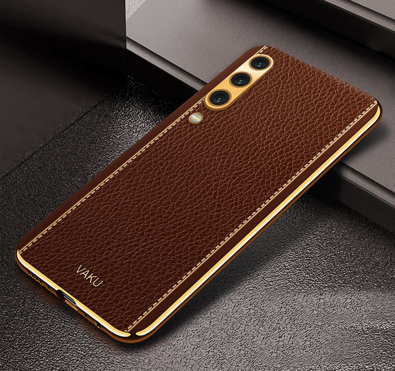 Vaku® Samsung Galaxy A50 Luxemberg Series Leather Stitched Gold Electroplated Soft TPU Back Cover - Image 12