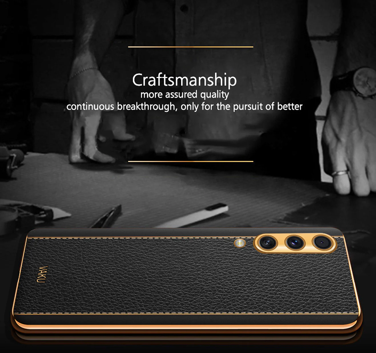 Vaku® Samsung Galaxy A50 Luxemberg Series Leather Stitched Gold Electroplated Soft TPU Back Cover - Image 3