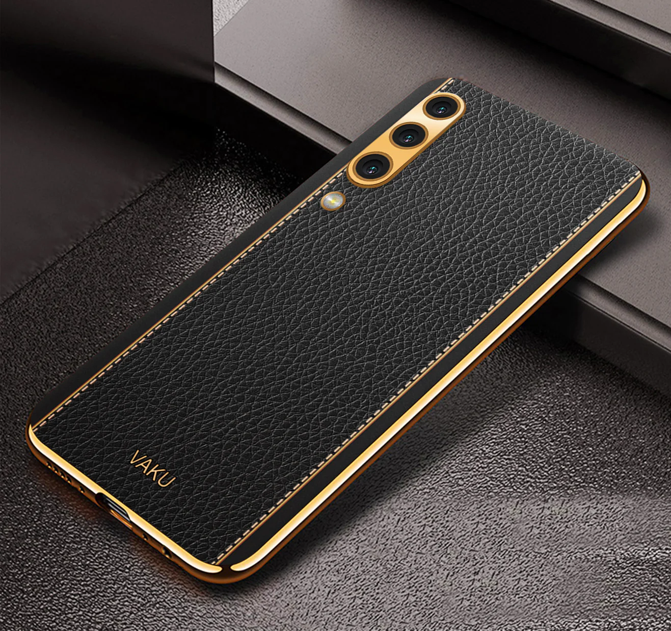 Vaku® Samsung Galaxy A50 Luxemberg Series Leather Stitched Gold Electroplated Soft TPU Back Cover - Image 7