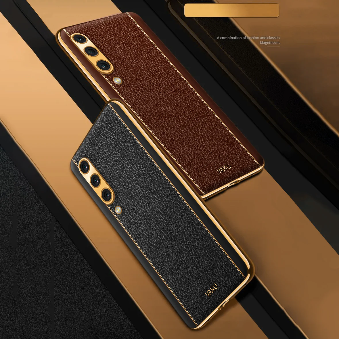 Vaku® Samsung Galaxy A50 Luxemberg Series Leather Stitched Gold Electroplated Soft TPU Back Cover - Image 8