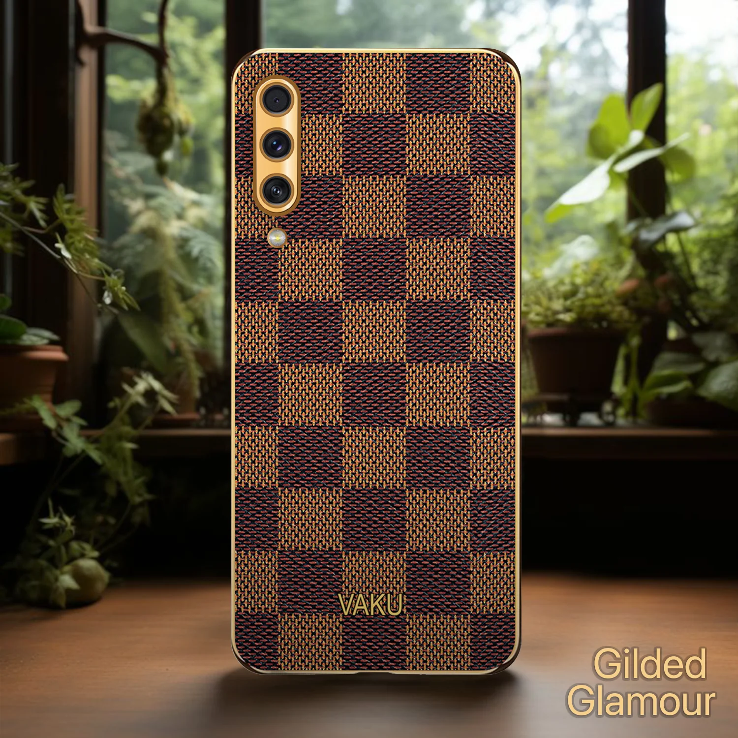 Vaku® Samsung Galaxy A50s Cheron Series Leather Stitched Gold Electroplated Soft TPU Back Cover - Image 5