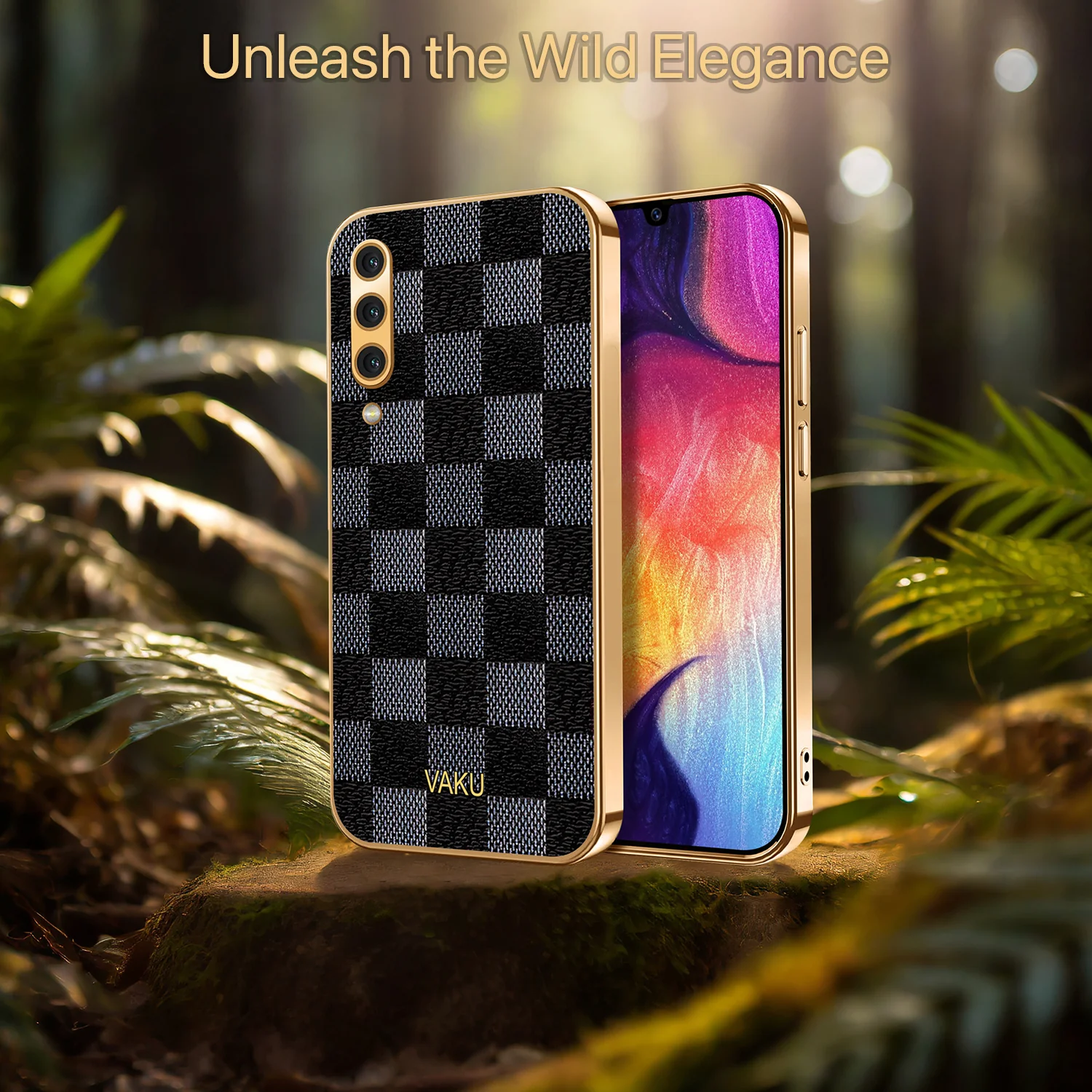 Vaku® Samsung Galaxy A50s Cheron Series Leather Stitched Gold Electroplated Soft TPU Back Cover - Image 6