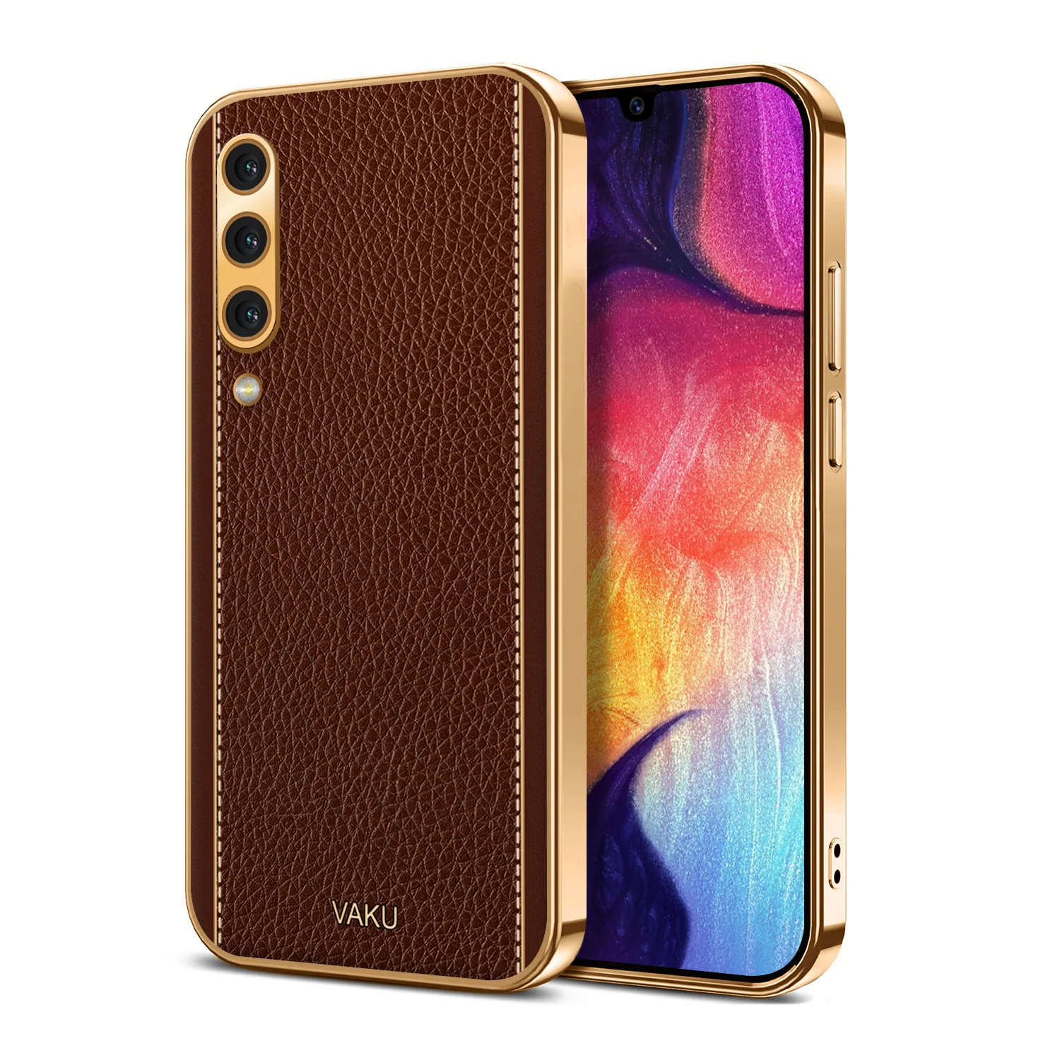 Vaku® Samsung Galaxy A50s Luxemberg Series Leather Stitched Gold Electroplated Soft TPU Back Cover - Image 10
