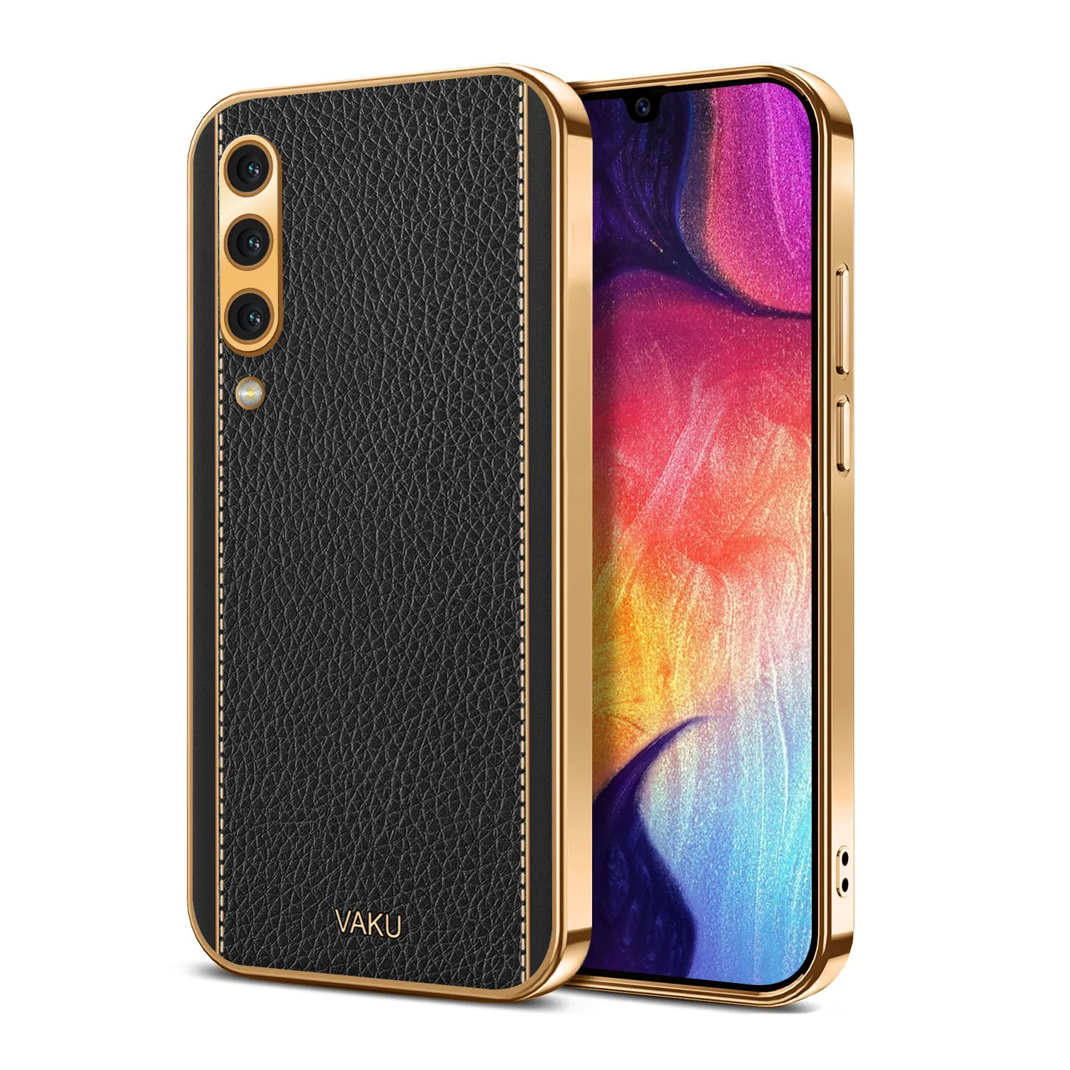 Vaku® Samsung Galaxy A50s Luxemberg Series Leather Stitched Gold Electroplated Soft TPU Back Cover - Image 5