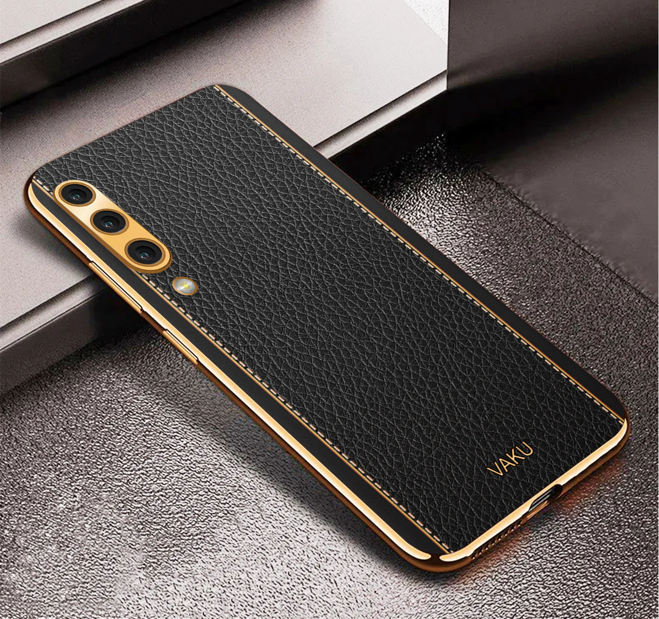 Vaku® Samsung Galaxy A50s Luxemberg Series Leather Stitched Gold Electroplated Soft TPU Back Cover - Image 7