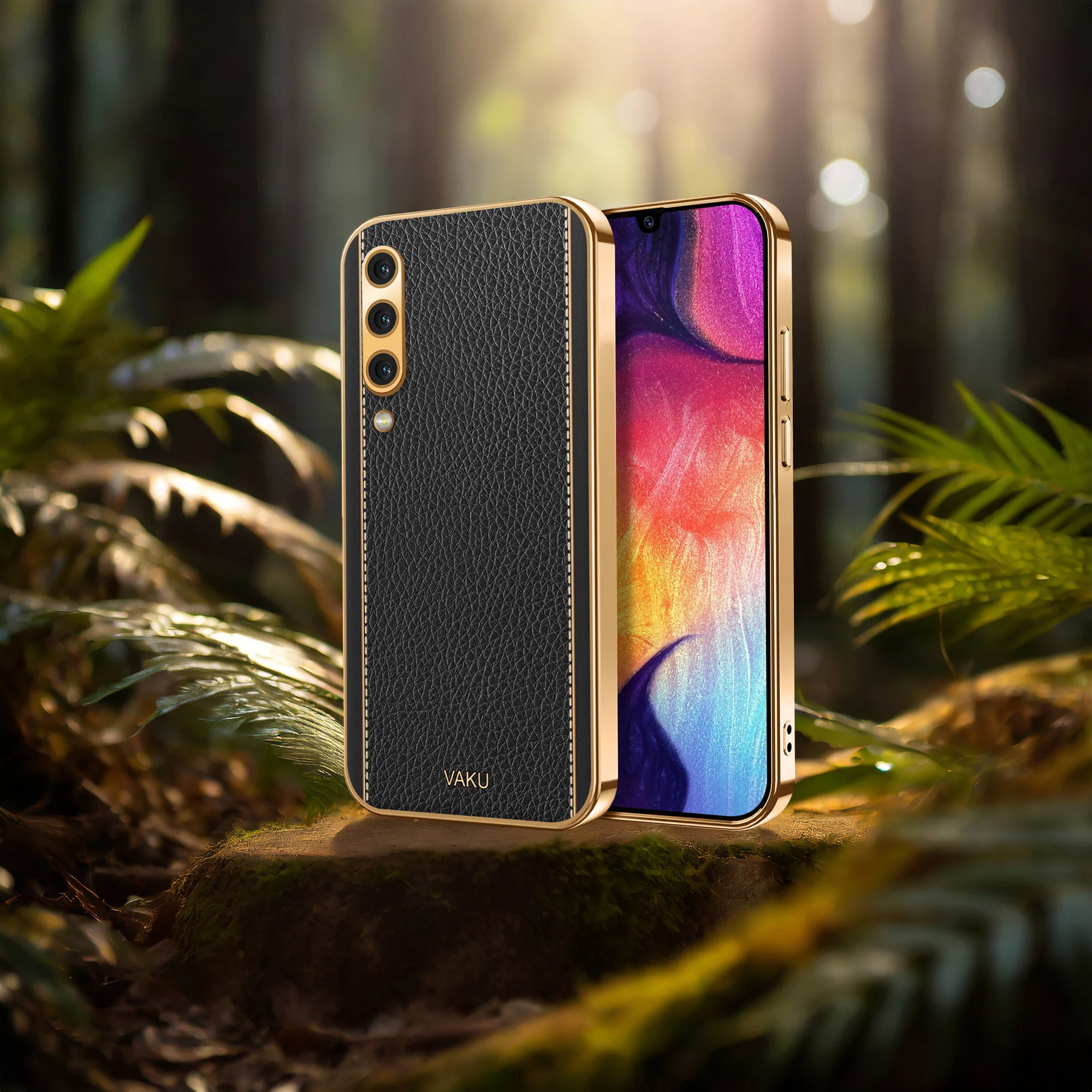 Vaku® Samsung Galaxy A50s Luxemberg Series Leather Stitched Gold Electroplated Soft TPU Back Cover - Image 9