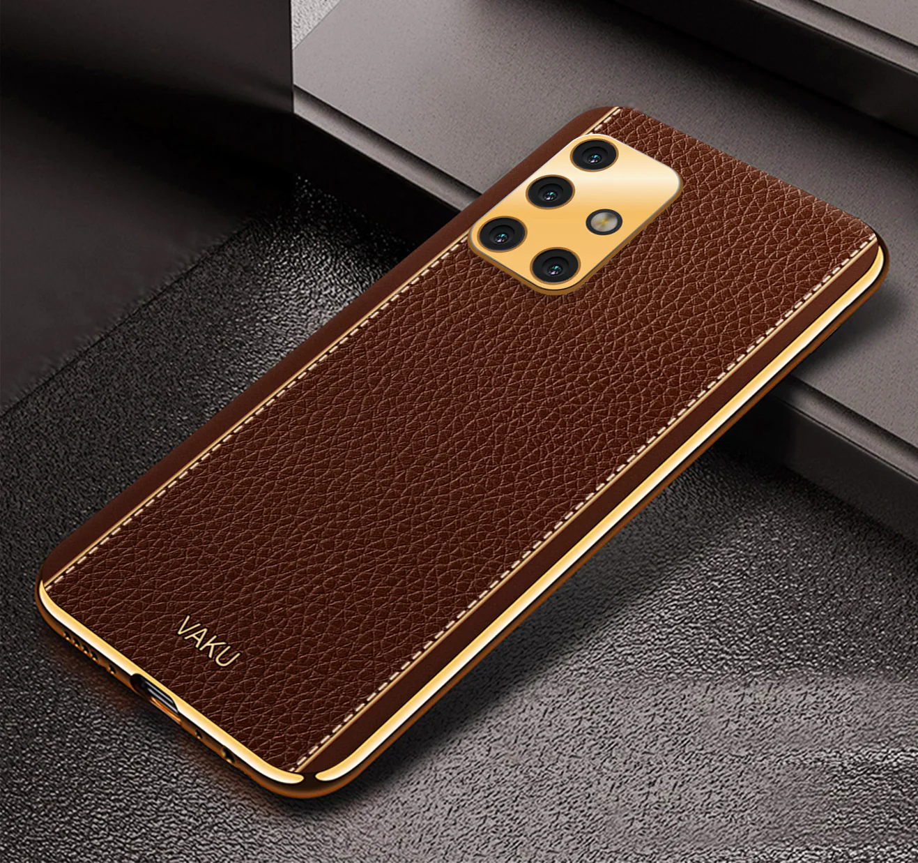 Vaku® Samsung Galaxy A51 Luxemberg Series Leather Stitched Gold Electroplated Soft TPU Back Cover - Image 7