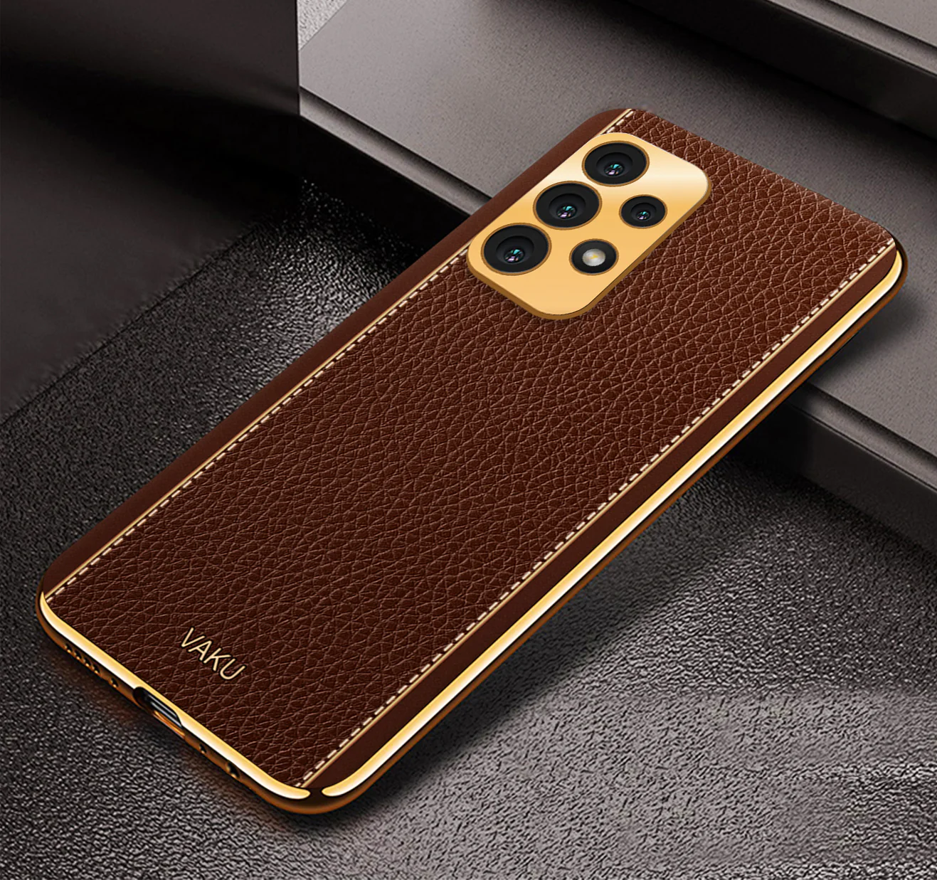 Vaku® Samsung Galaxy A52 Luxemberg Series Leather Stitched Gold Electroplated Soft TPU Back Cover - Image 10