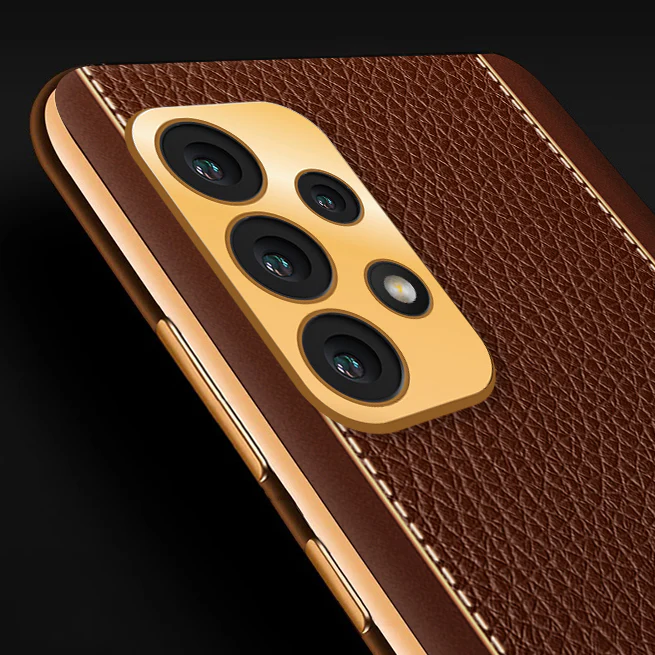 Vaku® Samsung Galaxy A52 Luxemberg Series Leather Stitched Gold Electroplated Soft TPU Back Cover - Image 2