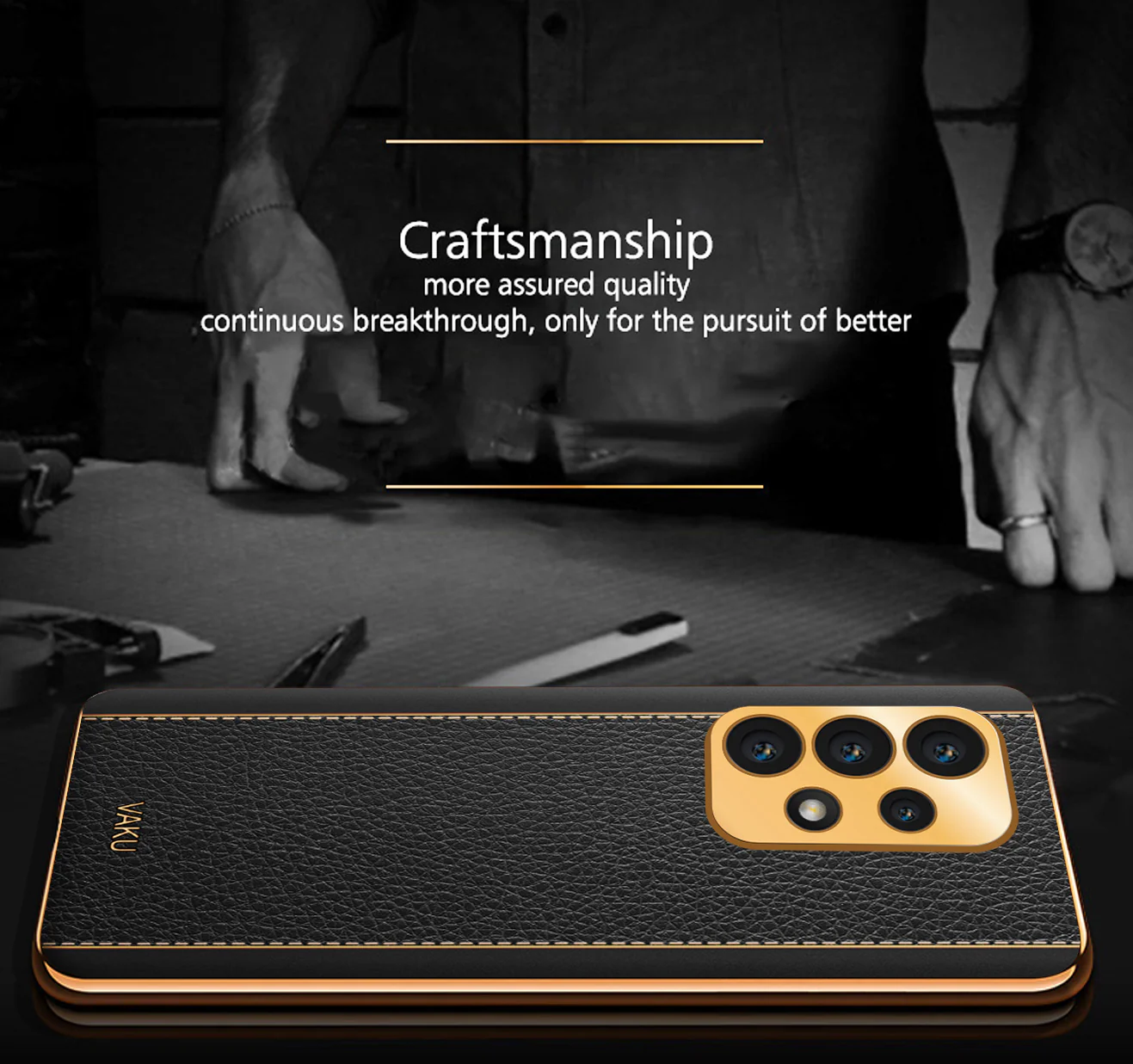 Vaku® Samsung Galaxy A52 Luxemberg Series Leather Stitched Gold Electroplated Soft TPU Back Cover - Image 4