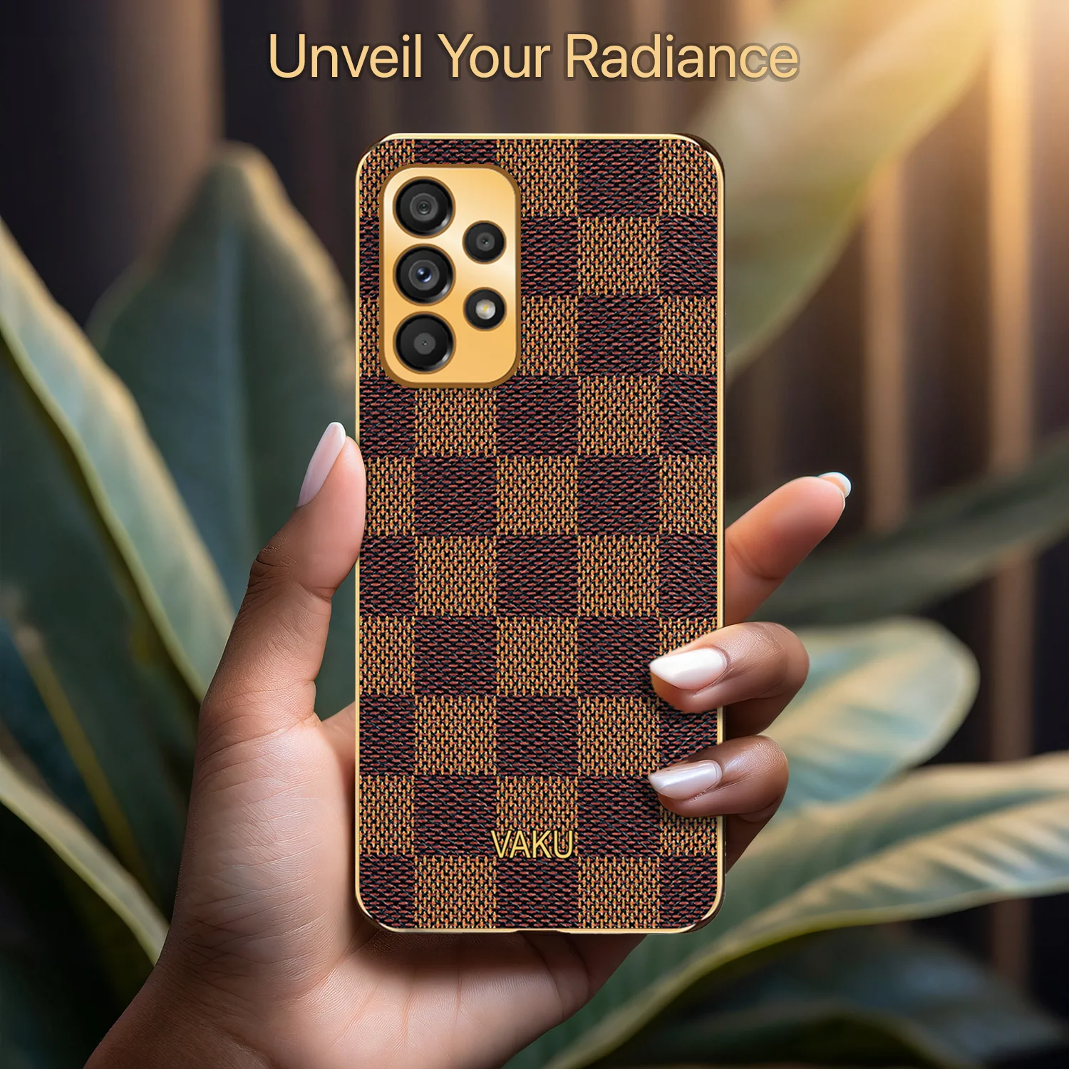 Vaku® Samsung Galaxy A52s Cheron Series Leather Stitched Gold Electroplated Soft TPU Back Cover - Image 7