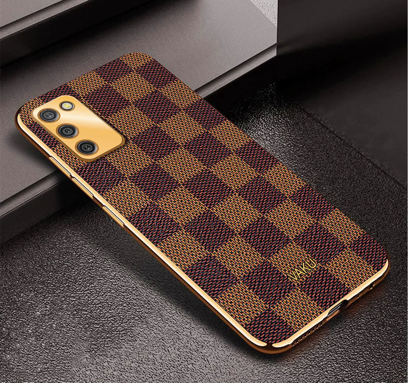 Vaku® Samsung Galaxy M02s Cheron Series Leather Stitched Gold Electroplated Soft TPU Back Cover - Image 3