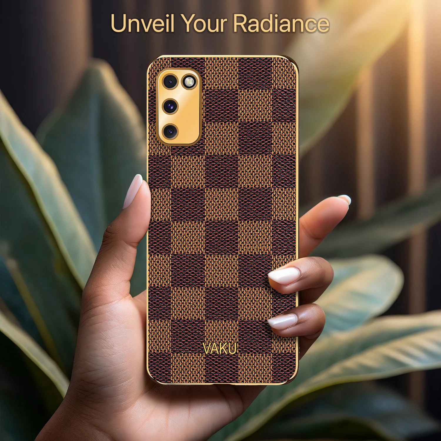 Vaku® Samsung Galaxy M02s Cheron Series Leather Stitched Gold Electroplated Soft TPU Back Cover - Image 7