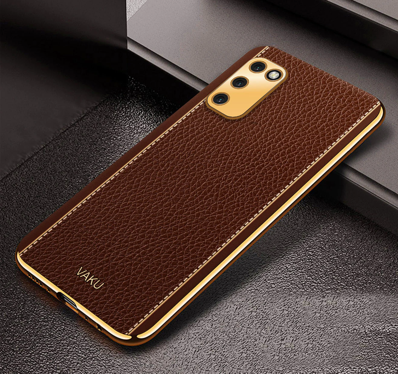 Vaku® Samsung Galaxy M02s Luxemberg Leather Stitched Gold Electroplated Soft TPU Back Cover - Image 10