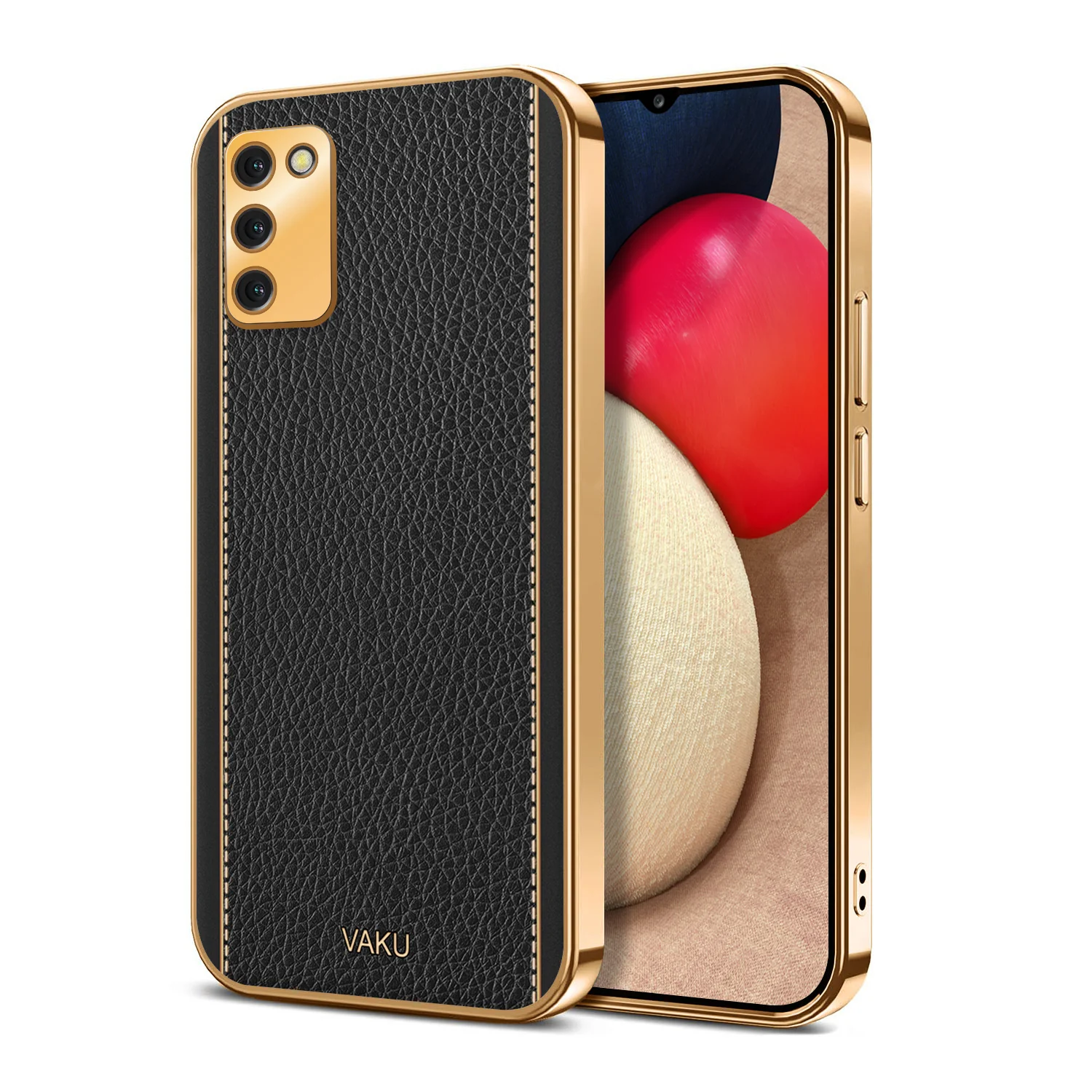 Vaku® Samsung Galaxy M02s Luxemberg Leather Stitched Gold Electroplated Soft TPU Back Cover - Image 11