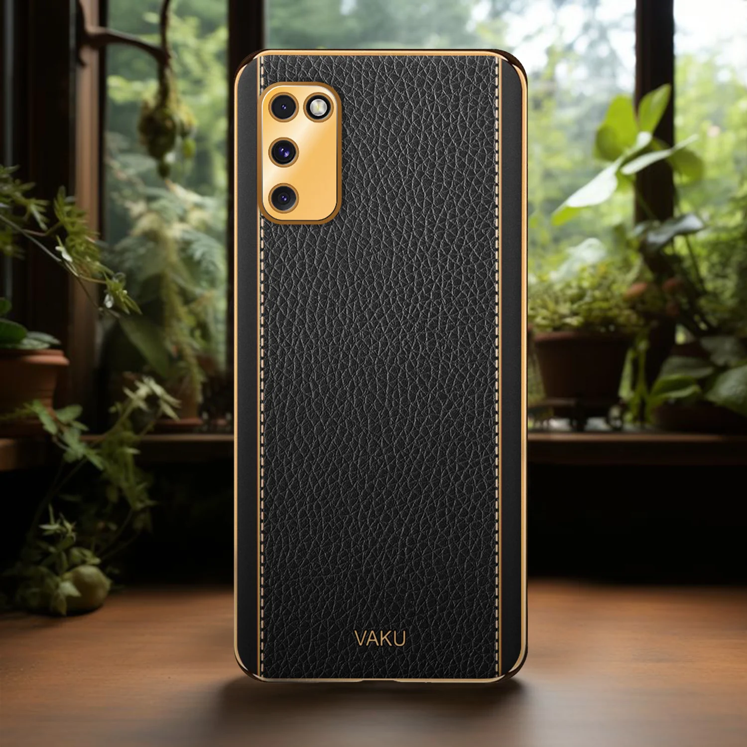Vaku® Samsung Galaxy M02s Luxemberg Leather Stitched Gold Electroplated Soft TPU Back Cover - Image 15