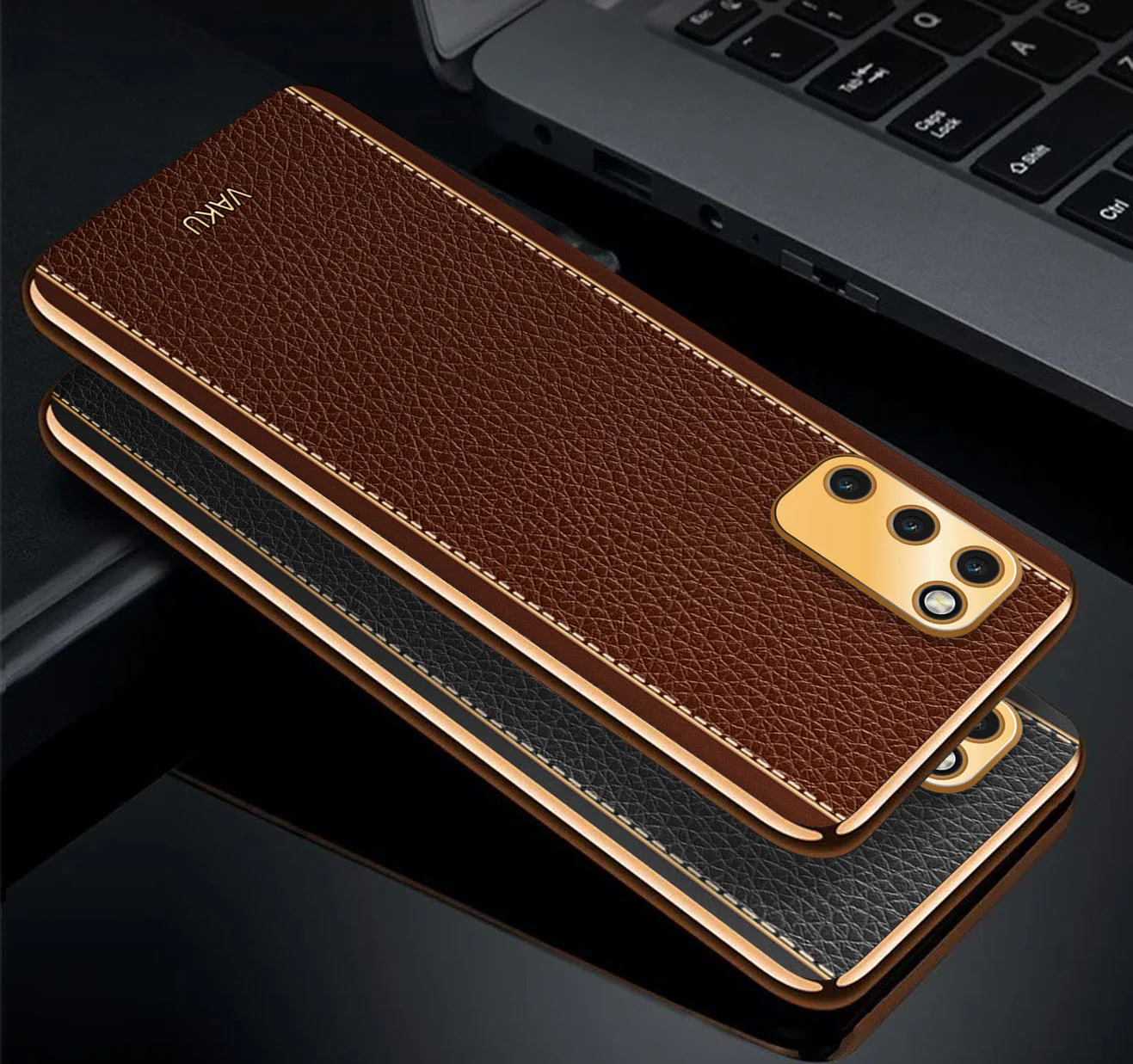 Vaku® Samsung Galaxy M02s Luxemberg Leather Stitched Gold Electroplated Soft TPU Back Cover - Image 5