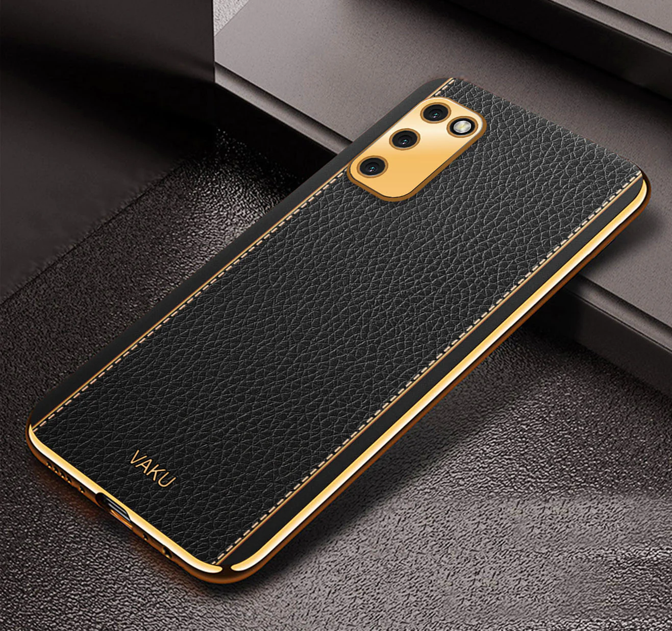 Vaku® Samsung Galaxy M02s Luxemberg Leather Stitched Gold Electroplated Soft TPU Back Cover - Image 7
