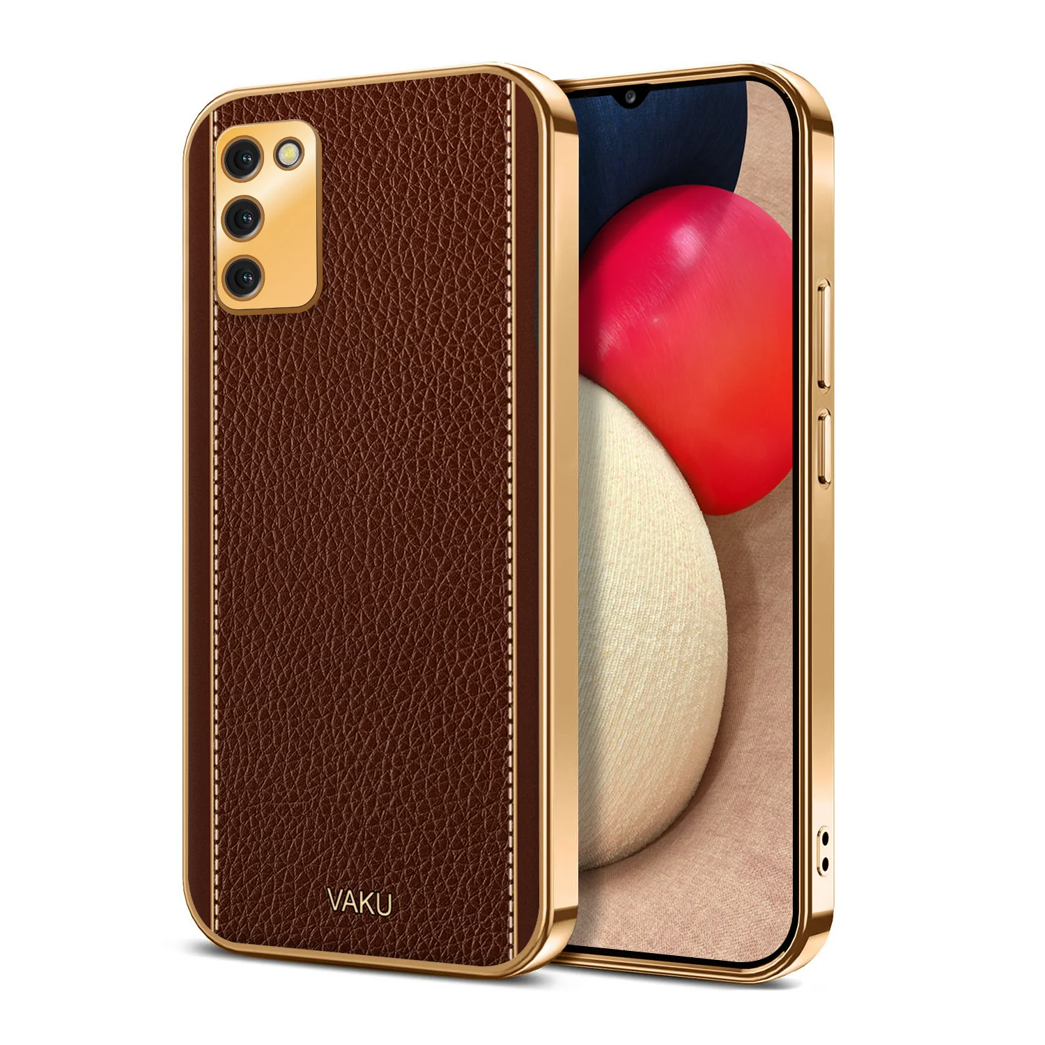 Vaku® Samsung Galaxy M02s Luxemberg Leather Stitched Gold Electroplated Soft TPU Back Cover - Image 9