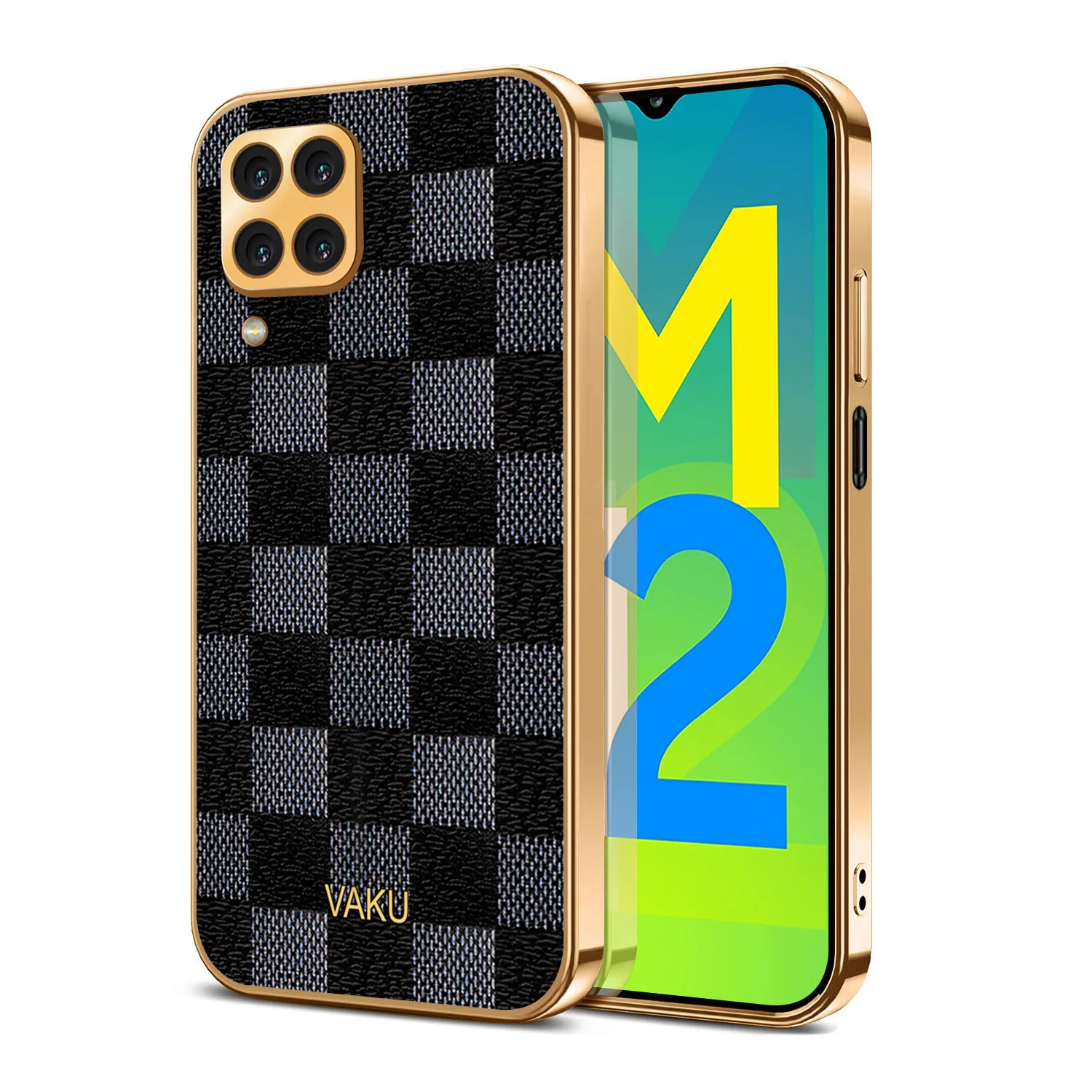 Vaku® Samsung Galaxy M12 Cheron Series Leather Stitched Gold Electroplated Soft TPU Back Cover - Image 2