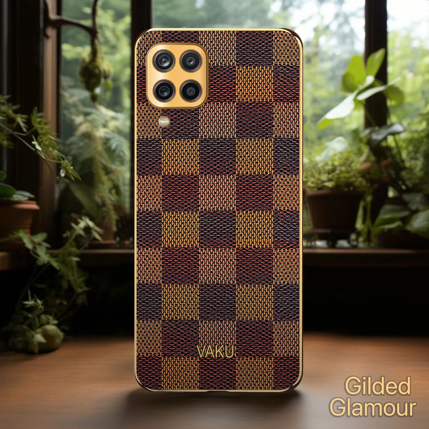 Vaku® Samsung Galaxy M12 Cheron Series Leather Stitched Gold Electroplated Soft TPU Back Cover - Image 4