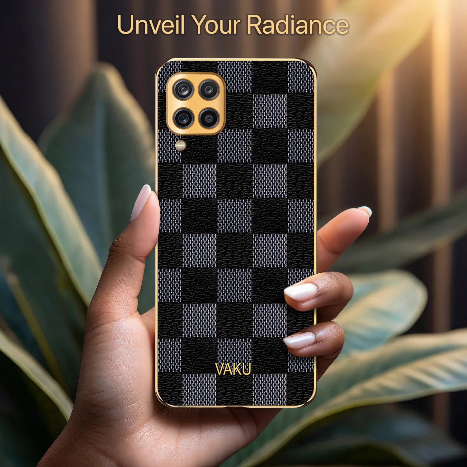 Vaku® Samsung Galaxy M12 Cheron Series Leather Stitched Gold Electroplated Soft TPU Back Cover - Image 5
