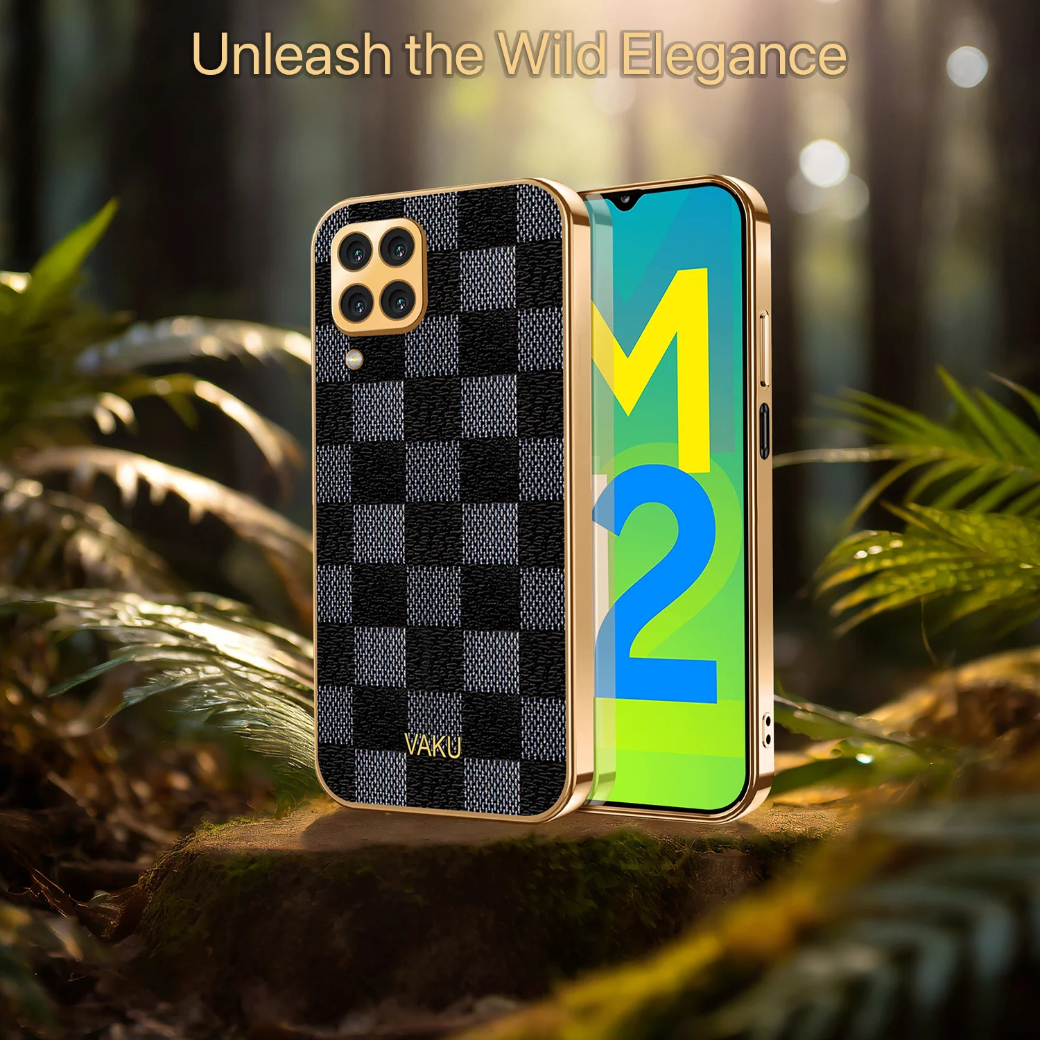 Vaku® Samsung Galaxy M12 Cheron Series Leather Stitched Gold Electroplated Soft TPU Back Cover - Image 6