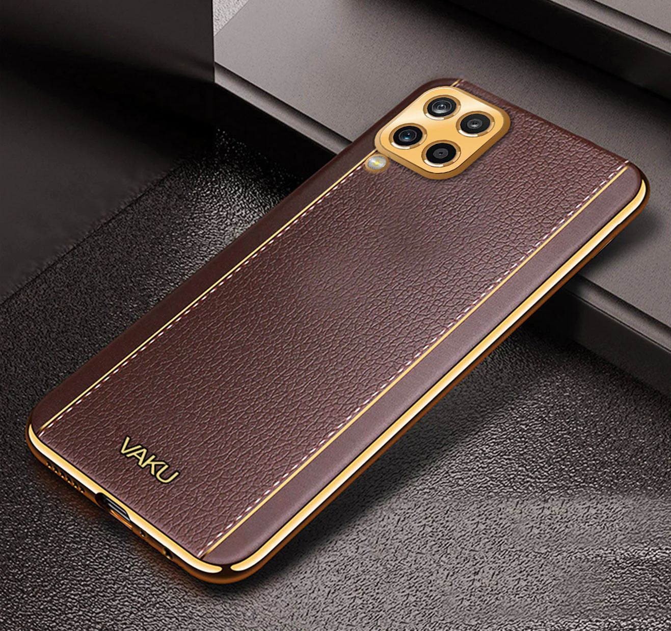 Vaku® Samsung Galaxy M12 Luxemberg Series Leather Stitched Gold Electroplated Soft TPU Back Cover - Image 11