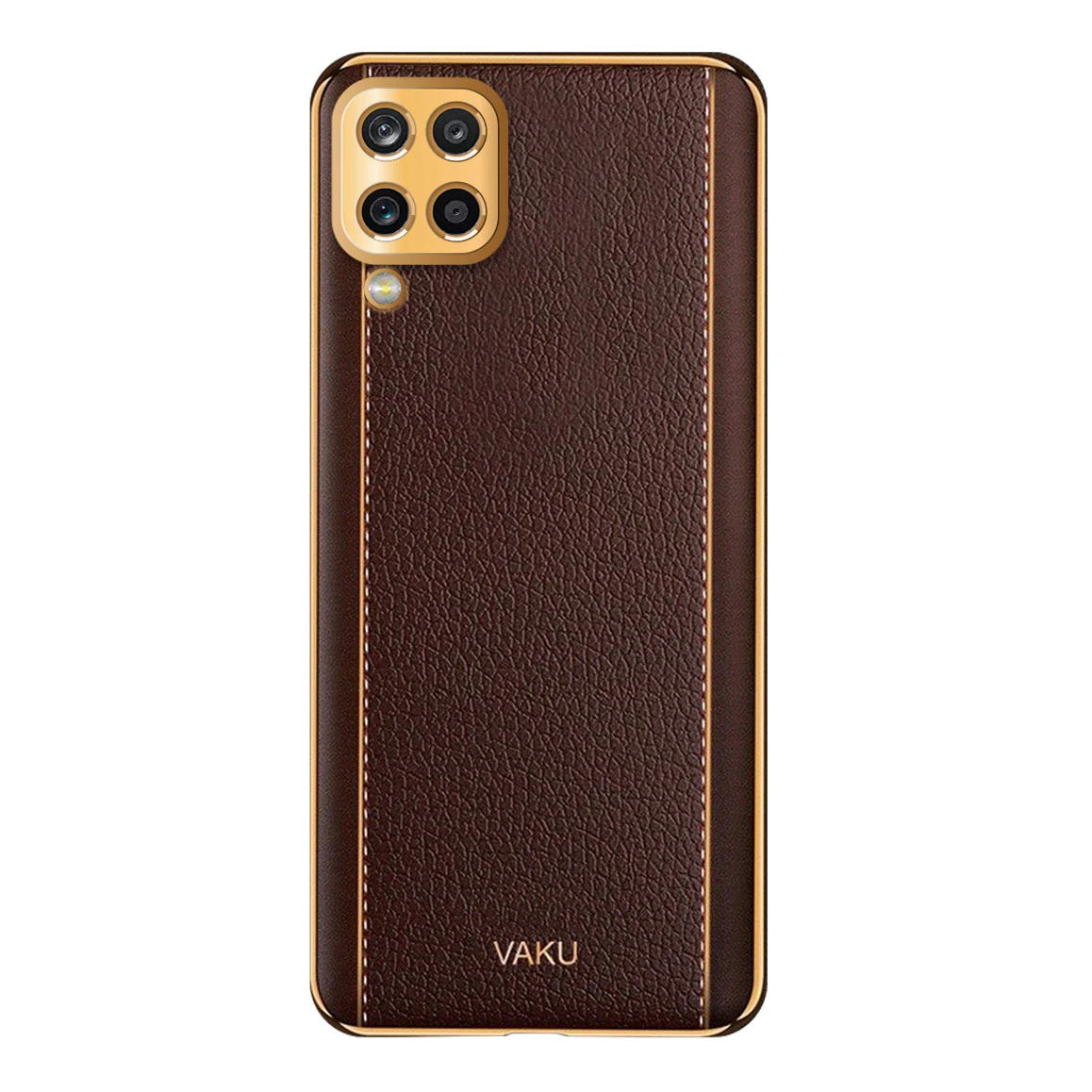 Vaku® Samsung Galaxy M12 Luxemberg Series Leather Stitched Gold Electroplated Soft TPU Back Cover - Image 12