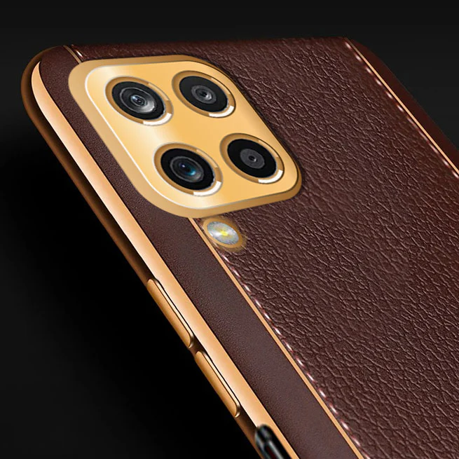 Vaku® Samsung Galaxy M12 Luxemberg Series Leather Stitched Gold Electroplated Soft TPU Back Cover - Image 2