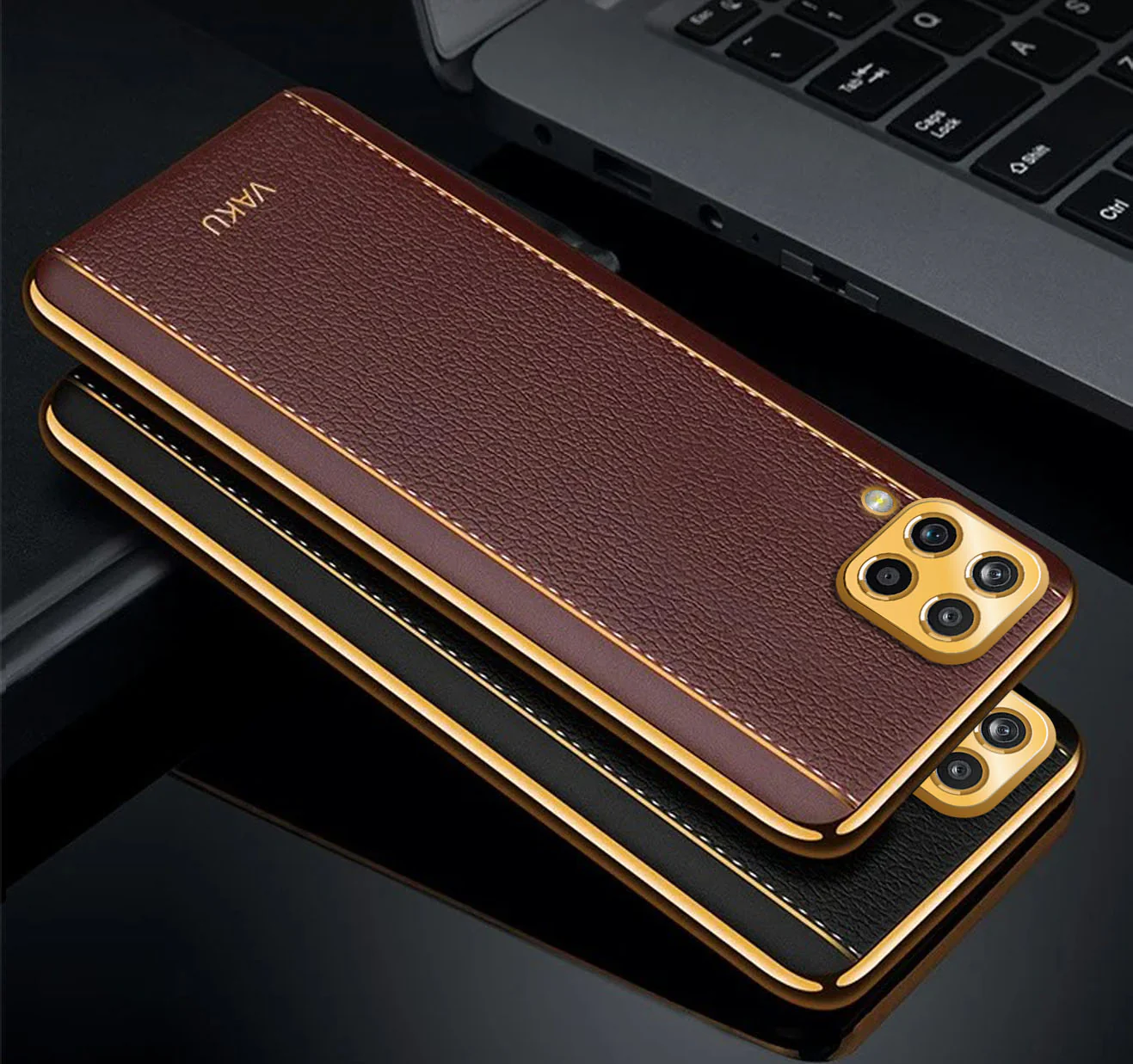 Vaku® Samsung Galaxy M12 Luxemberg Series Leather Stitched Gold Electroplated Soft TPU Back Cover - Image 3