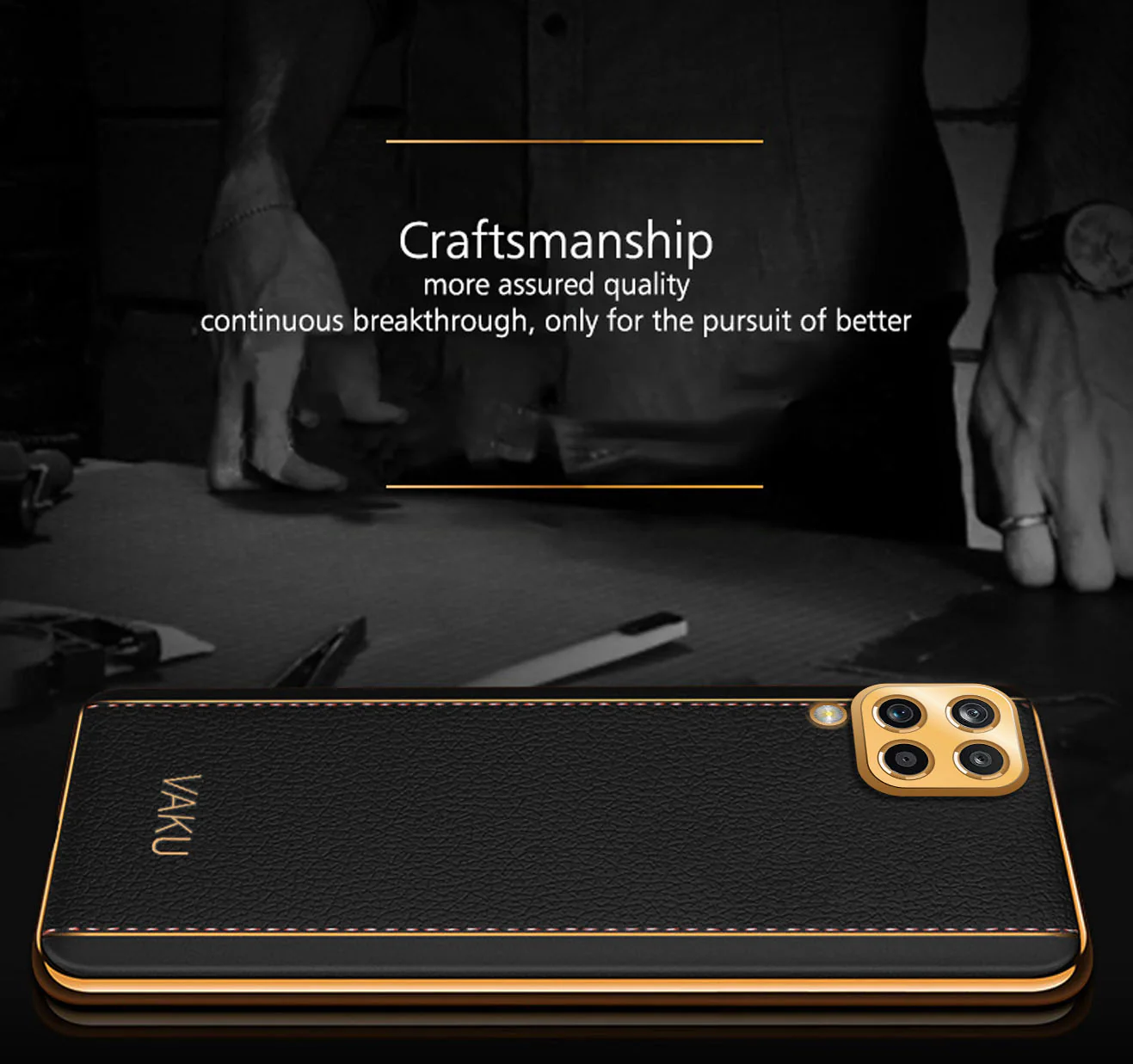 Vaku® Samsung Galaxy M12 Luxemberg Series Leather Stitched Gold Electroplated Soft TPU Back Cover - Image 4