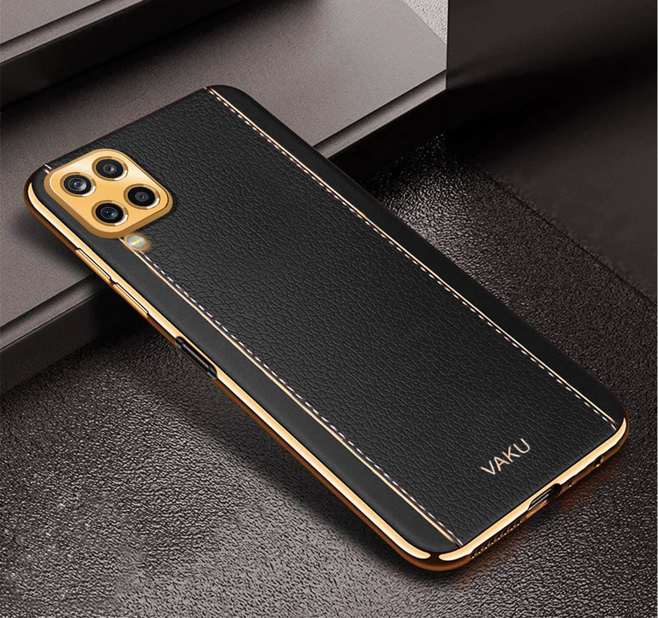 Vaku® Samsung Galaxy M12 Luxemberg Series Leather Stitched Gold Electroplated Soft TPU Back Cover - Image 5