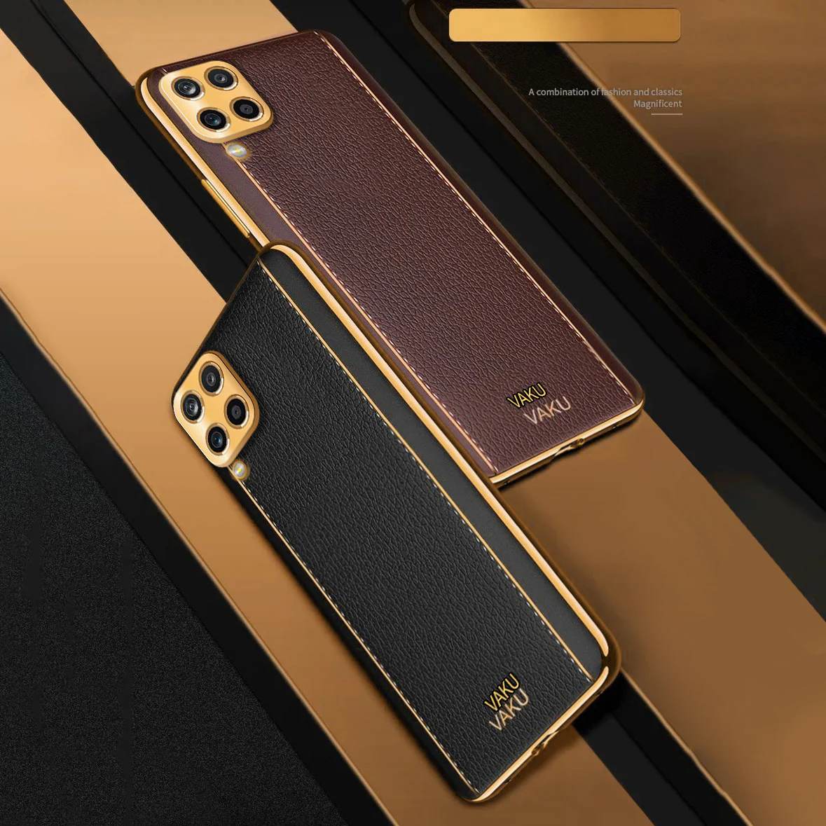 Vaku® Samsung Galaxy M12 Luxemberg Series Leather Stitched Gold Electroplated Soft TPU Back Cover - Image 6