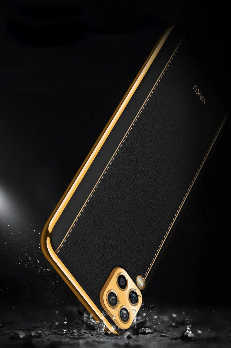 Vaku® Samsung Galaxy M12 Luxemberg Series Leather Stitched Gold Electroplated Soft TPU Back Cover - Image 9
