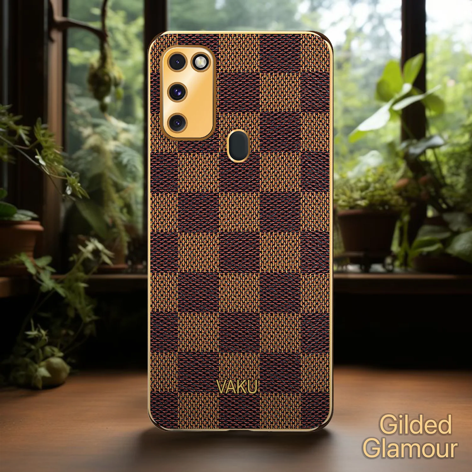 Vaku® Samsung Galaxy M30S Cheron Series Leather Stitched Gold Electroplated Soft TPU Back Cover - Image 6