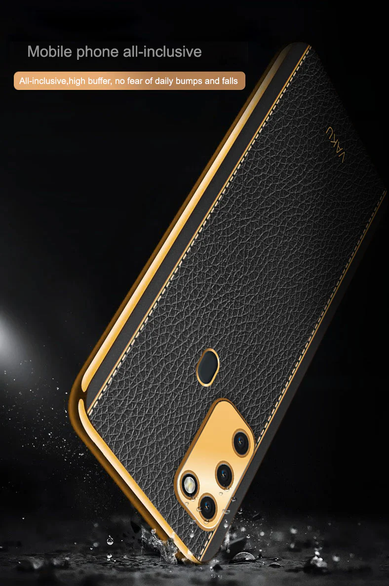 Vaku® Samsung Galaxy M30S Luxemberg Series Leather Stitched Gold Electroplated Soft TPU Back Cover - Image 11
