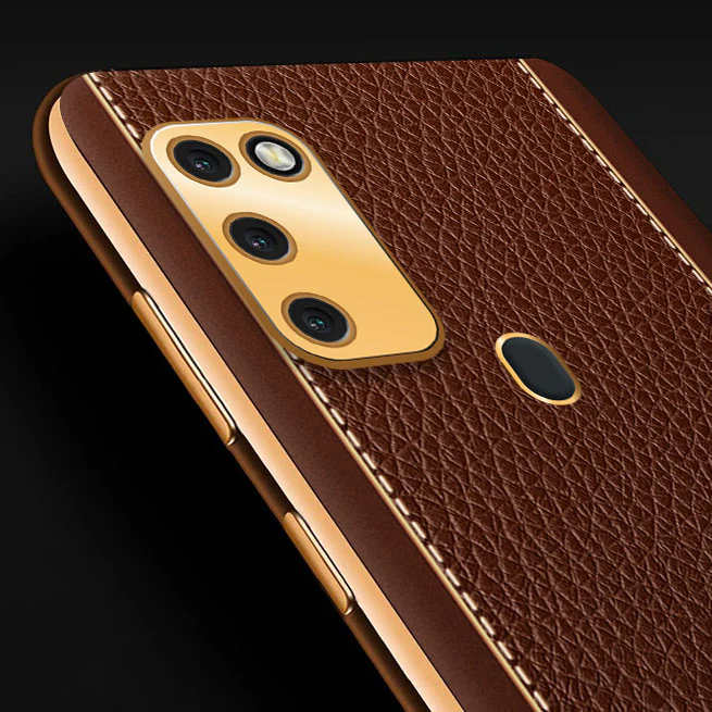 Vaku® Samsung Galaxy M30S Luxemberg Series Leather Stitched Gold Electroplated Soft TPU Back Cover - Image 2