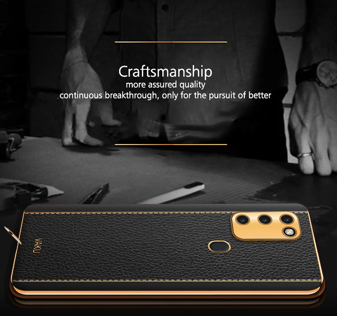 Vaku® Samsung Galaxy M30S Luxemberg Series Leather Stitched Gold Electroplated Soft TPU Back Cover - Image 3