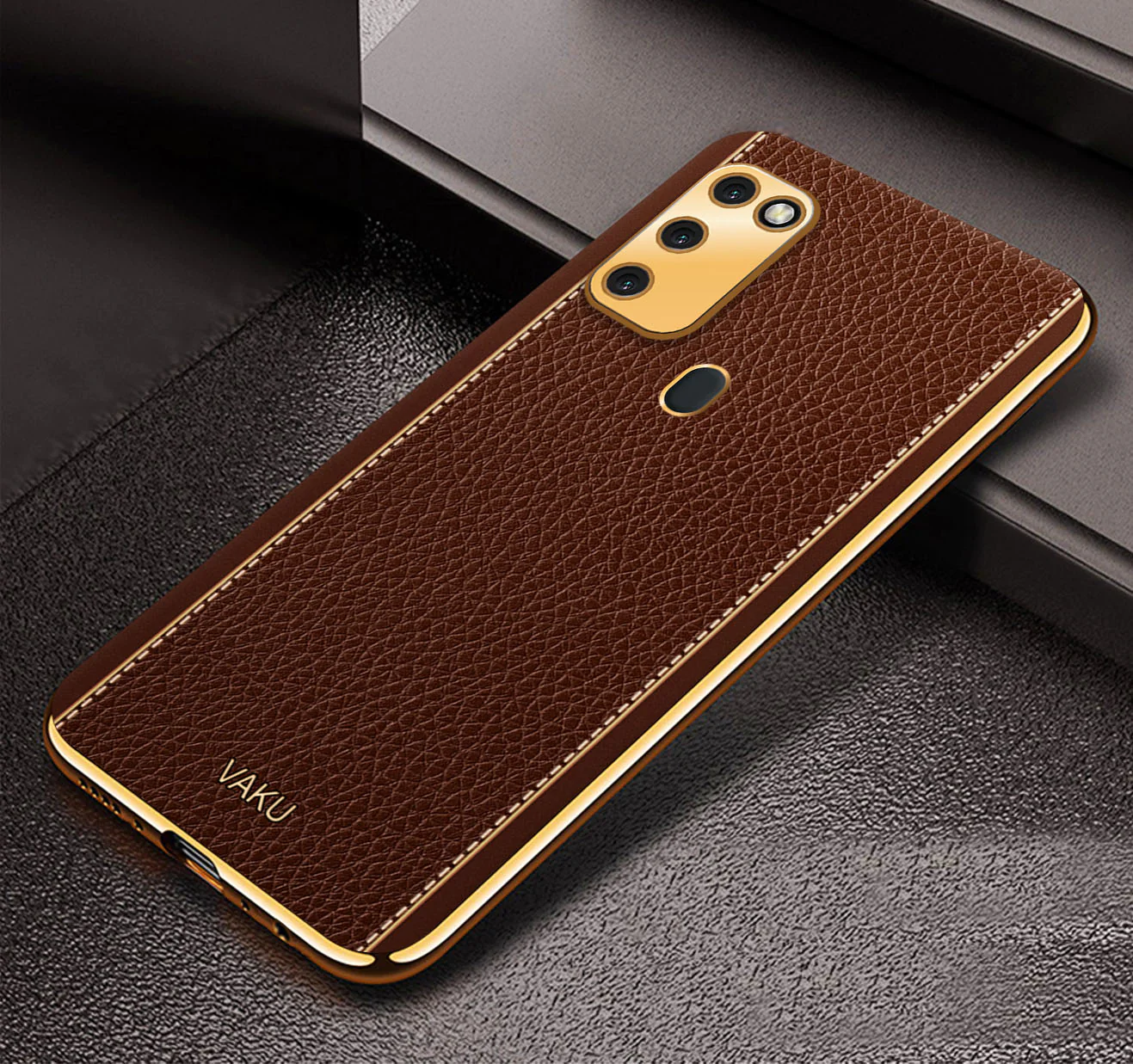 Vaku® Samsung Galaxy M30S Luxemberg Series Leather Stitched Gold Electroplated Soft TPU Back Cover - Image 7