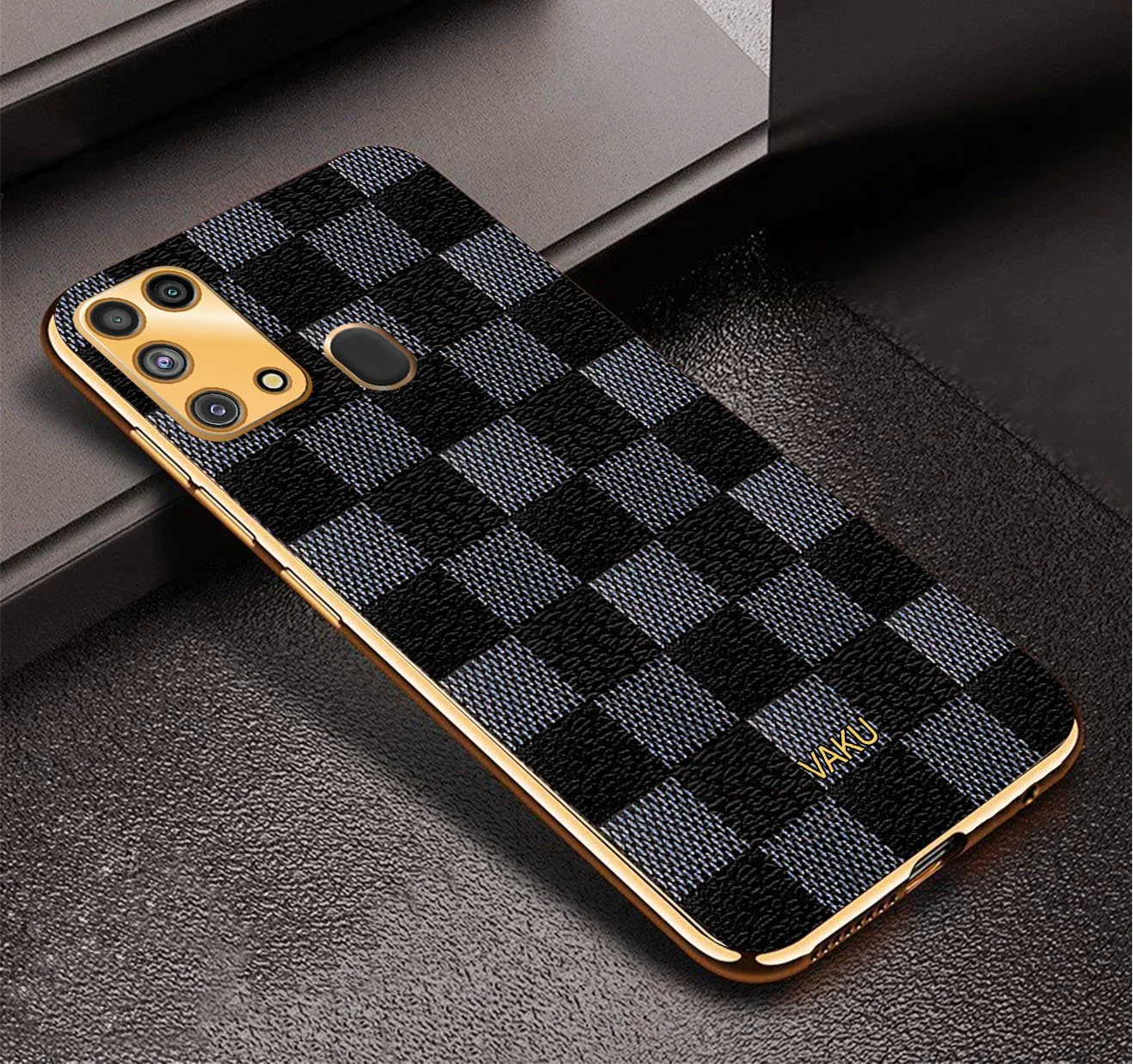 Vaku® Samsung Galaxy M31 Cheron Series Leather Stitched Gold Electroplated Soft TPU Back Cover - Image 3