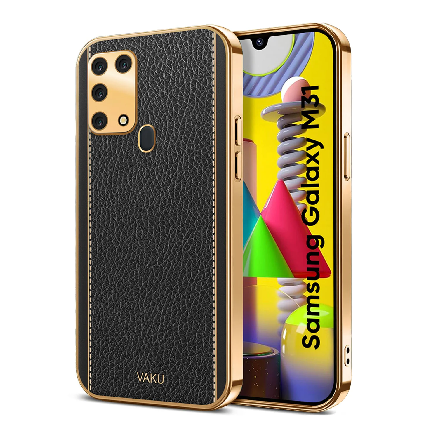 Vaku® Samsung Galaxy M31 Luxemberg Series Leather Stitched Gold Electroplated Soft TPU Back Cover - Image 13