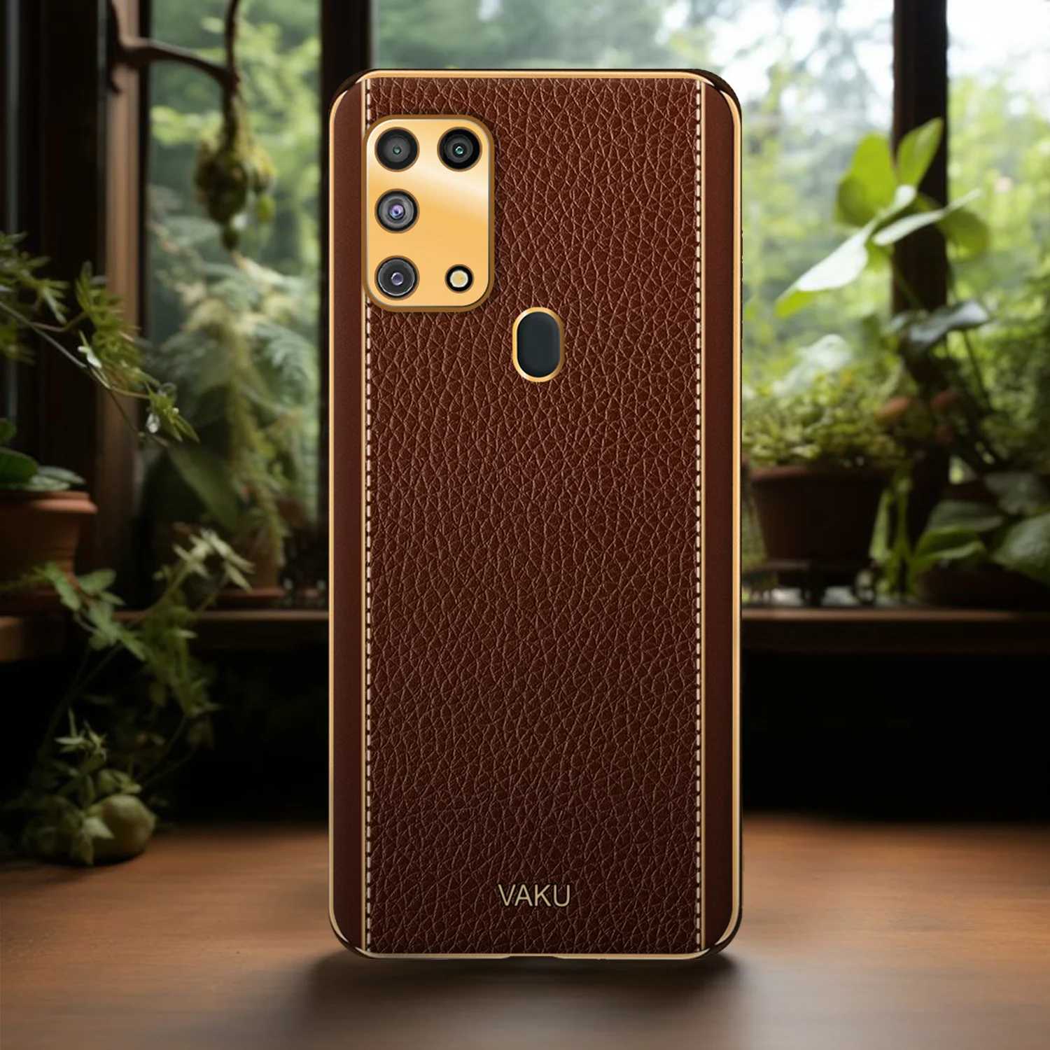 Vaku® Samsung Galaxy M31 Luxemberg Series Leather Stitched Gold Electroplated Soft TPU Back Cover - Image 14