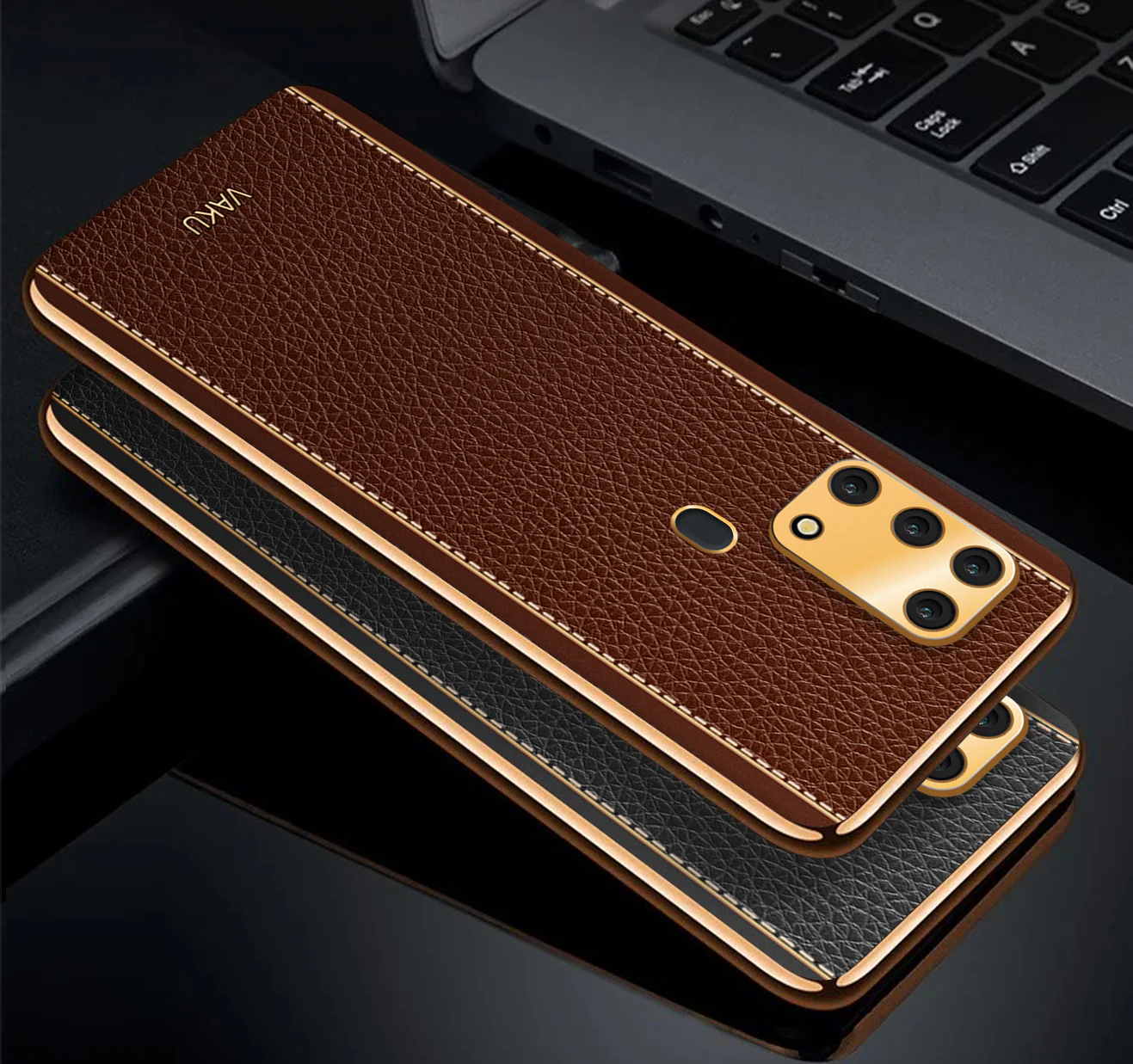 Vaku® Samsung Galaxy M31 Luxemberg Series Leather Stitched Gold Electroplated Soft TPU Back Cover - Image 4